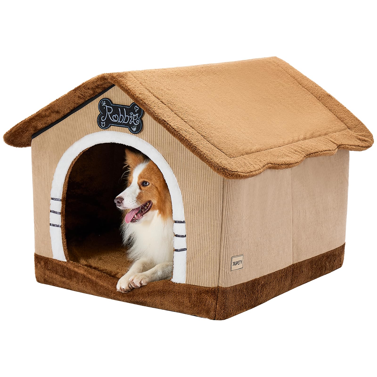 Jiupety Caseta de perro para interior con marco, cama grande de cueva para perros, aislada y acogedora, adecuada para 11-27 kg, grande Plus (76 cm × 66 cm × 64 cm), marrón