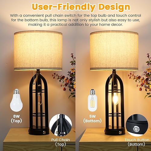 Miniatura 2 de Lámpara de mesa vintage para sala de estar, lámpara de escritorio de granja de tela, lámpara de mesita de noche regulable con puerto de carga USB