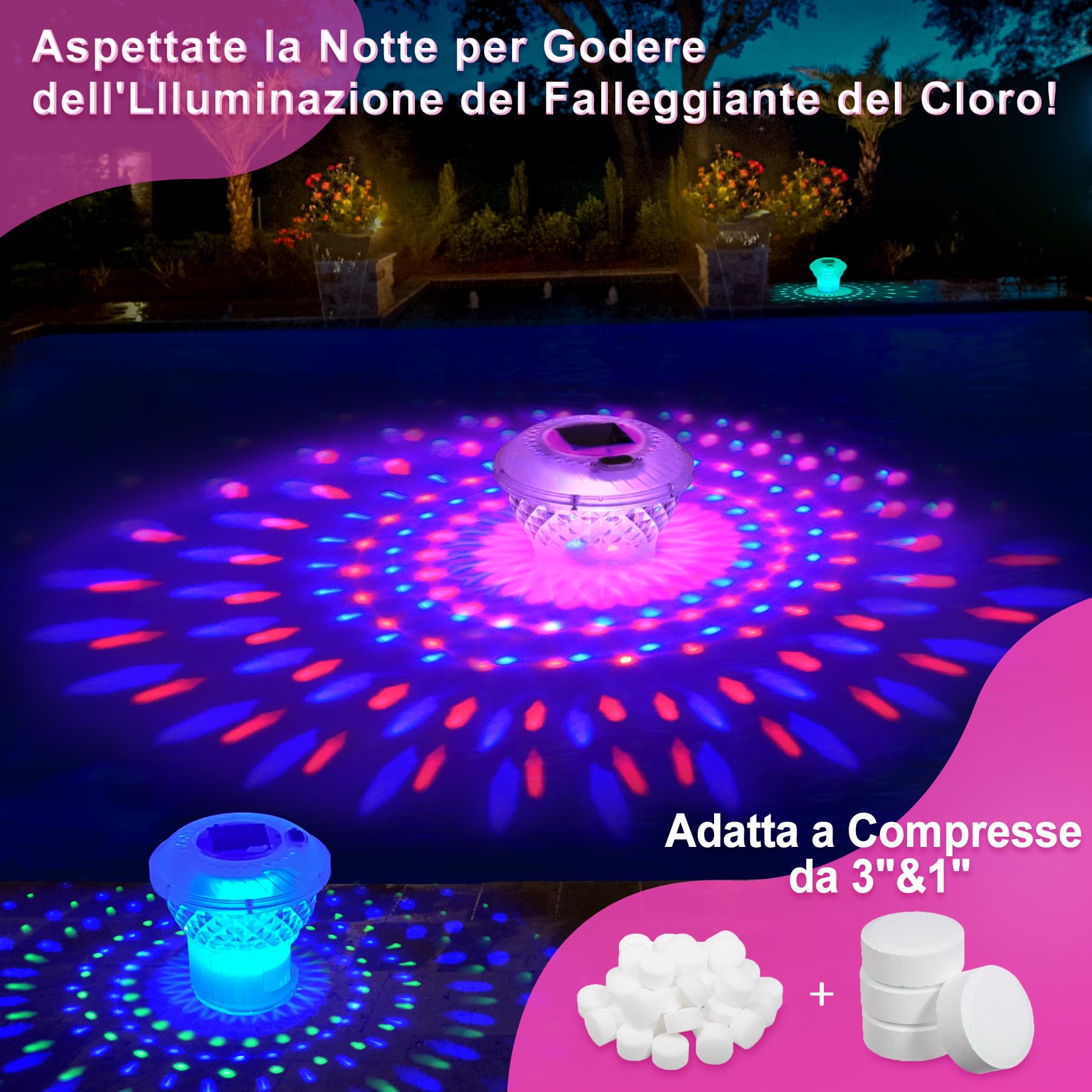 Galleggiante solare per cloro con luci colorate on