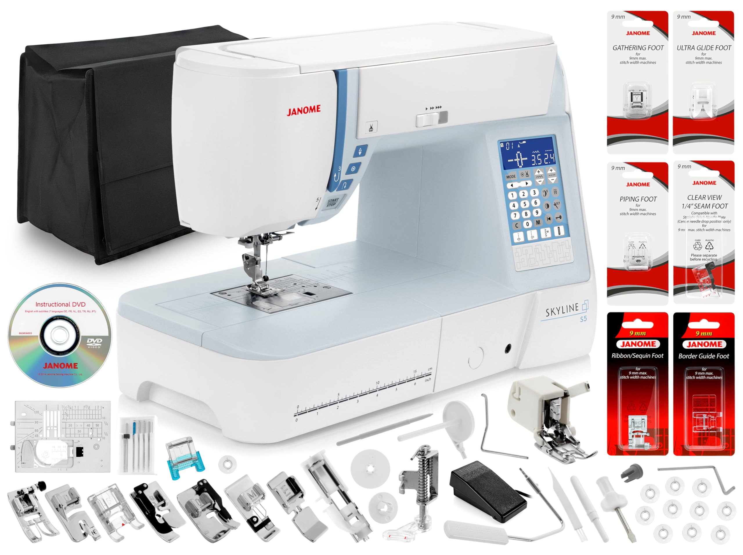 Janome Skyline S5 Sewing Machine Bundle - Includes 6 Genuine Janome Presser Feet - Clearview 1/4" Foot, Ultra Glide Foot, Ribbon/Sequin Foot, Piping Foot, Gathering Foot, Border Guide Foot and Bobbins