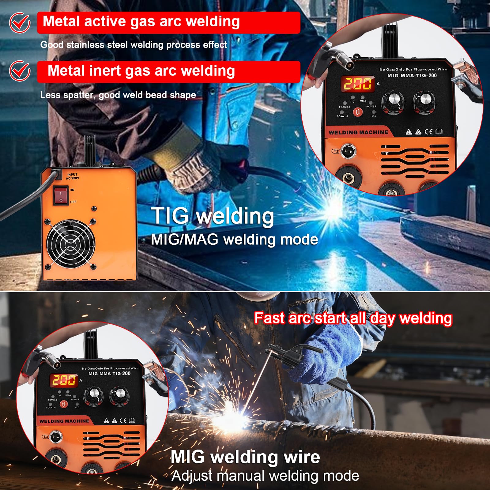 Spawarka MIG, spawarka spawalnicza 20-200 A, bez gazu, spawarka MIG/MMA/LIFT TIG 3 w 1, spawarka gazowa ochronna, spawarka TIG z technologią falownika IGBT i wyświetlaczem LCD