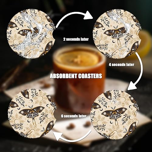 Miniatura 6 de Portavasos de automóvil  Posavasos de cerámica absorbente con diseño de mariposa y luna, portavasos para bebidas, accesorios interiores de