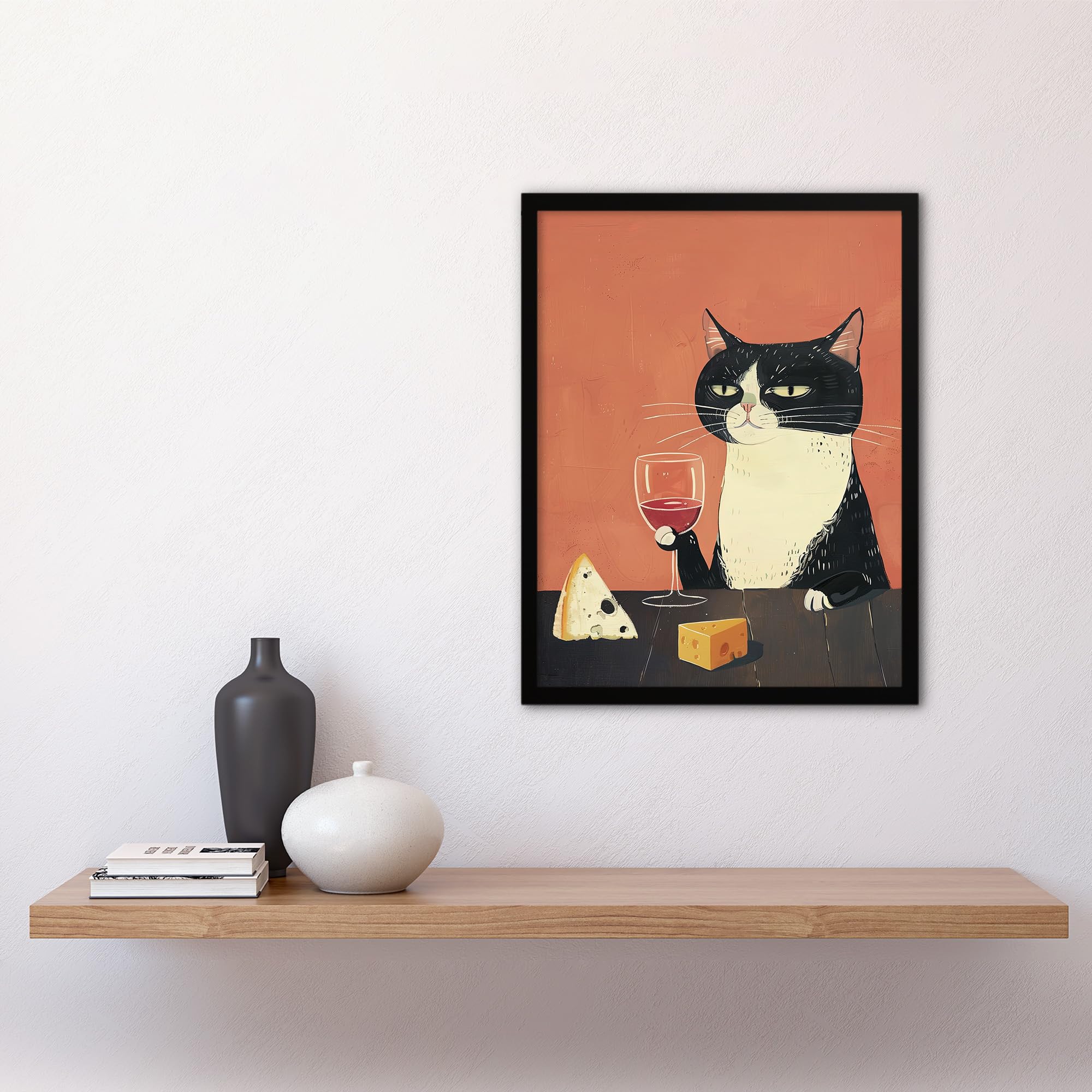 Artery8 Tuxedo Cat Drinking Wine with Cheese Painting For Kitchen
