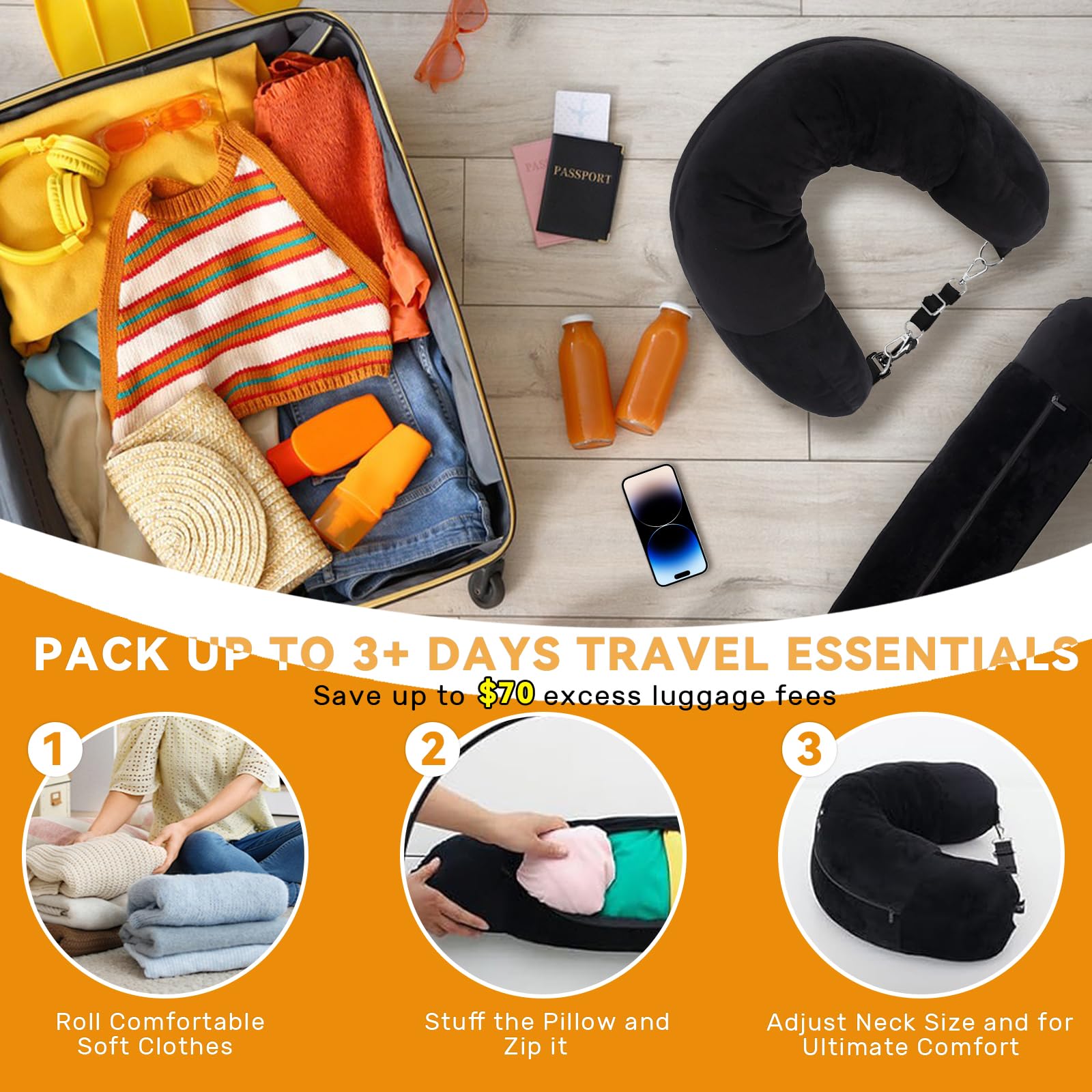 Oreiller De Voyage Rembourré Avec Des Vêtements, Oreiller De Voyage Rembourre Avec Des Vetements Oreiller De Voyage Noir~p142220374