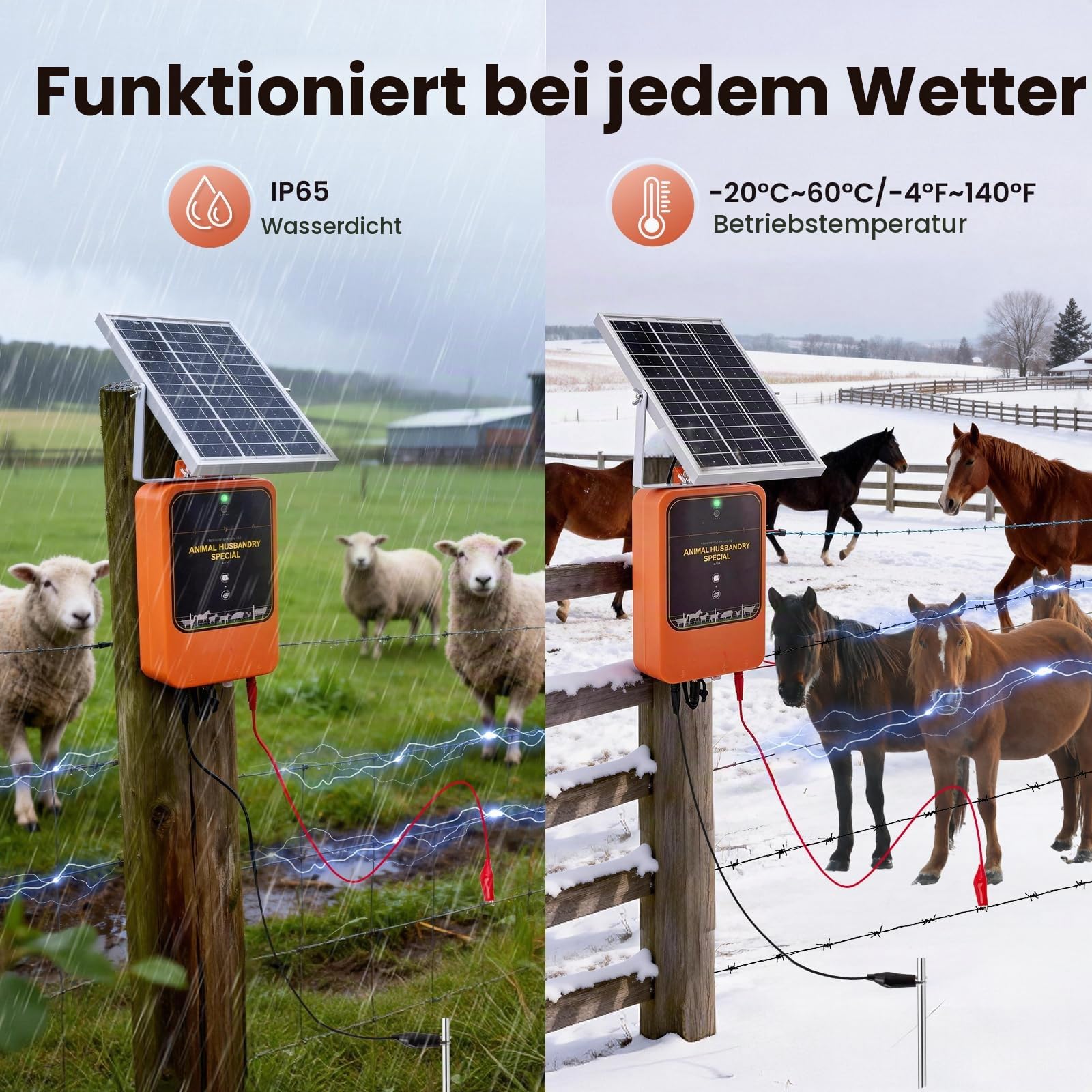 10km Solar Elektrozaungerät, 1.2J 12kV Wiederaufladbarer Weidezaungerät mit Solarpanel & Netzteil, IP65 Wasserdicht für Vieh, Bauernhof, Weide, Geflügel
