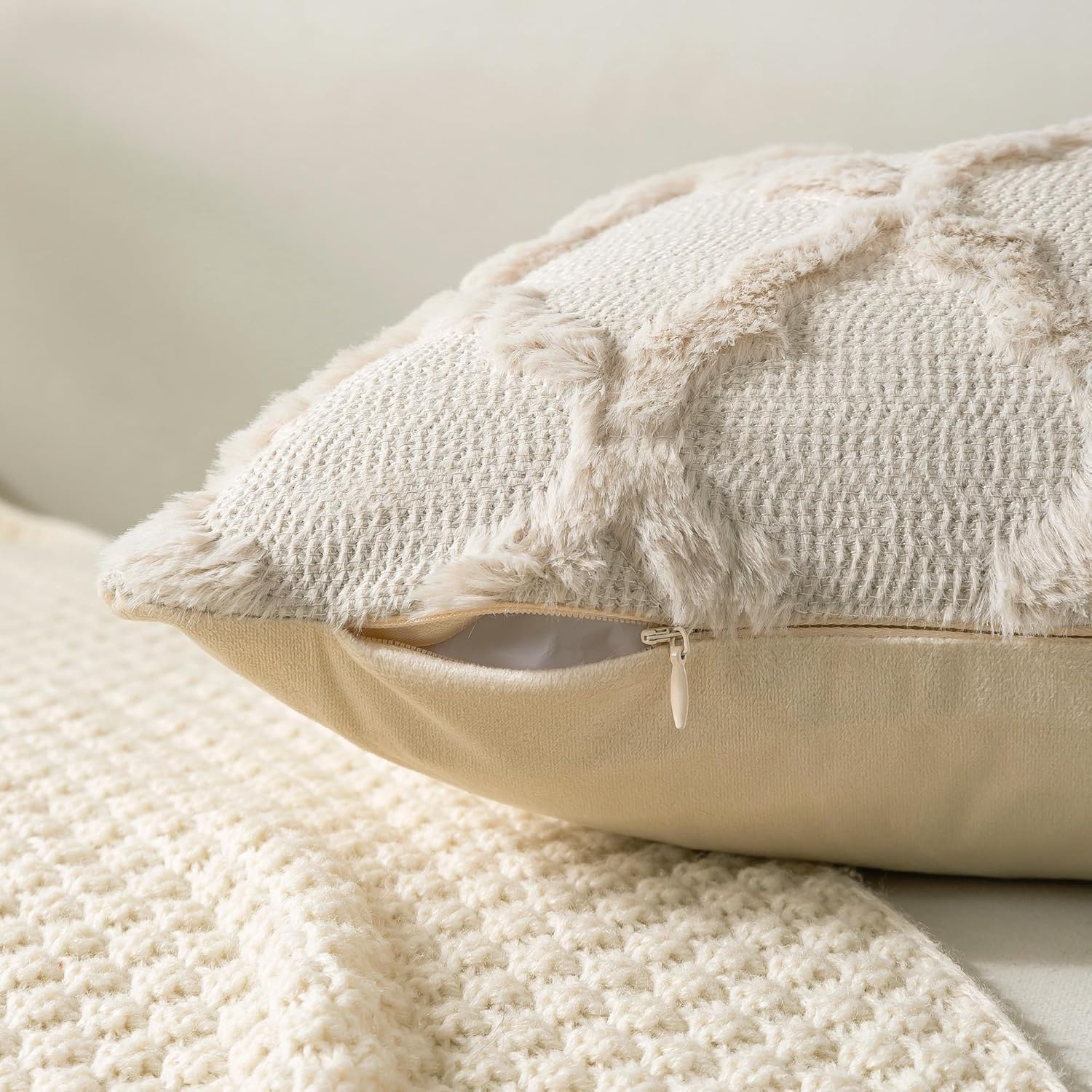 Set of 2 Beige Morrocan Decorative Pillow Covers 26x26 Inch Fluffy Boho Throw Pillow Covers for Bed Couch Sofa Living Room Soft Plush Cushion Cases