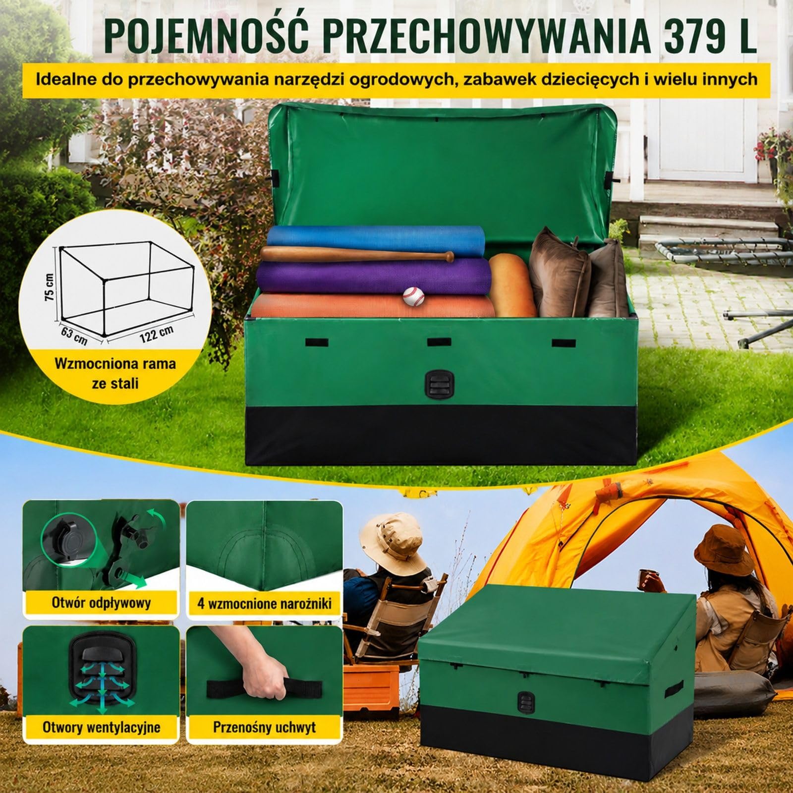 Skrzynia ogrodowa 440 l z plandeki PE na taras, poduszki i narzędzia