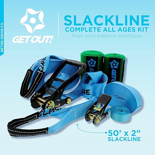Miniatura 2 de Get Out! Slackline - Kit de principiante para niños y adultos - Slackline clásico con línea de entrenamiento kit completo azul brillante