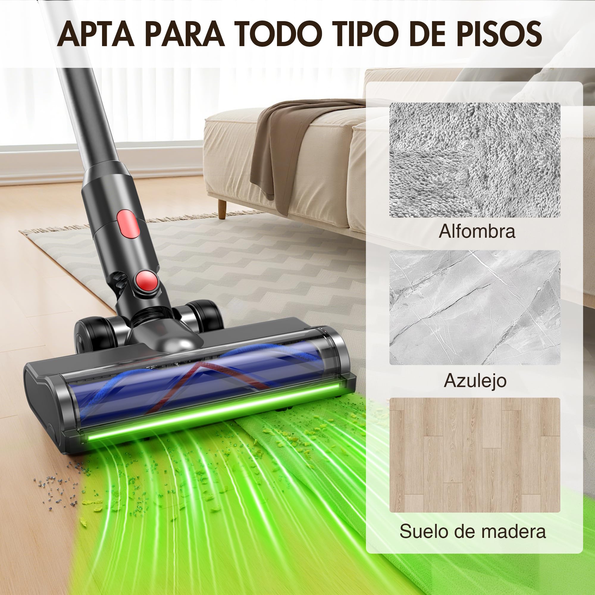 Cepillo compatible con Dyson V7 V8 V10 V11 V15 V8 Slim, Cepillos para Suelos con Iluminación LED y Accionamiento Directo, Sistema Antienredos, Funcionamiento Silencioso, Fácil Montaje - Verde