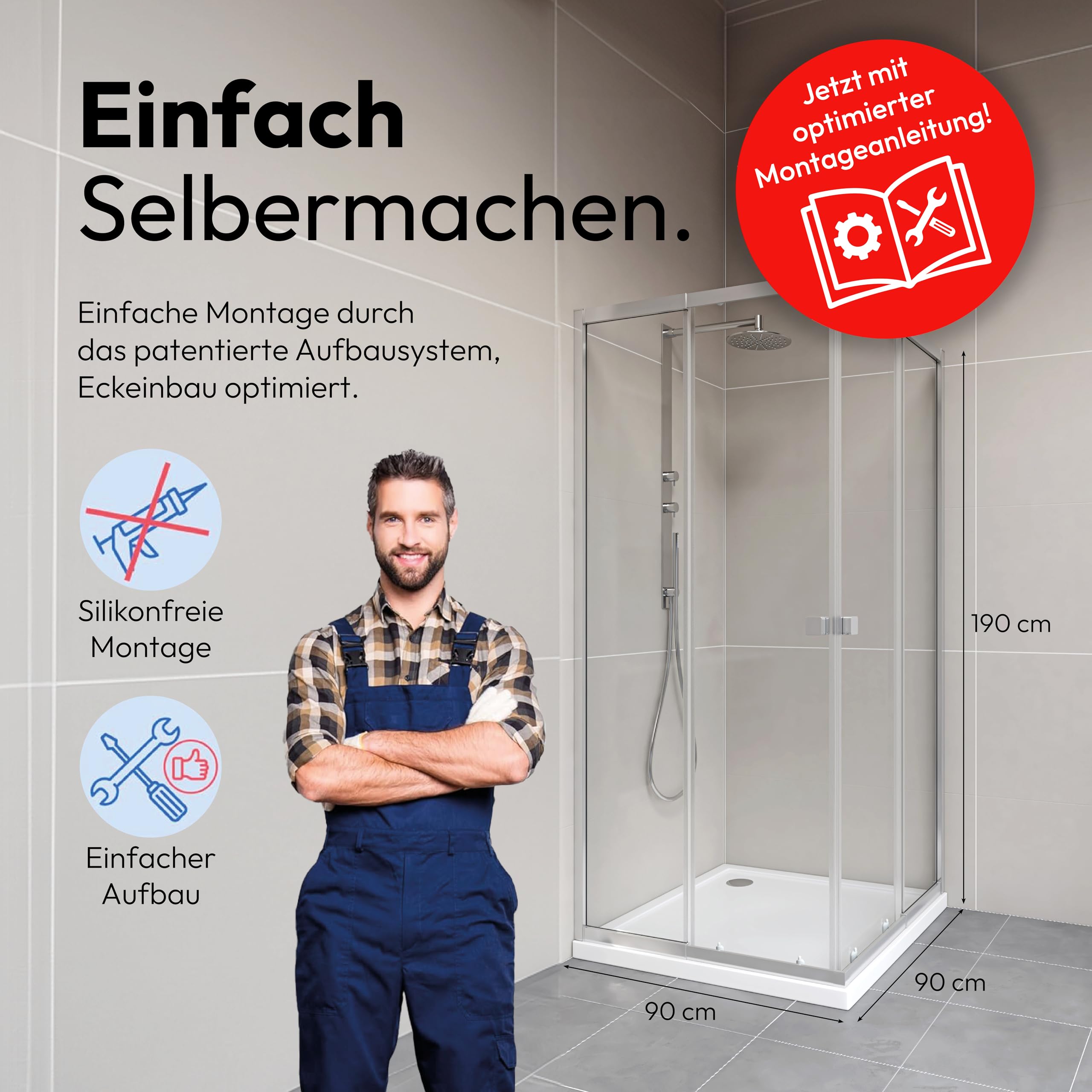 MARWELL Duschkabine Flexi 77-90x77-90-190 cm Eckdusche mit hochwertigen verstellbaren Alumuniumprofilen in silber matt Duschabtrennung mit aushängbaren Schiebetüren zur Reinigung