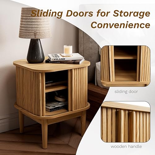 Miniatura 3 de Mesita de noche acanalada con puertas correderas, moderna mesita de noche con patas de madera maciza, mesita de noche de madera para dormitorio