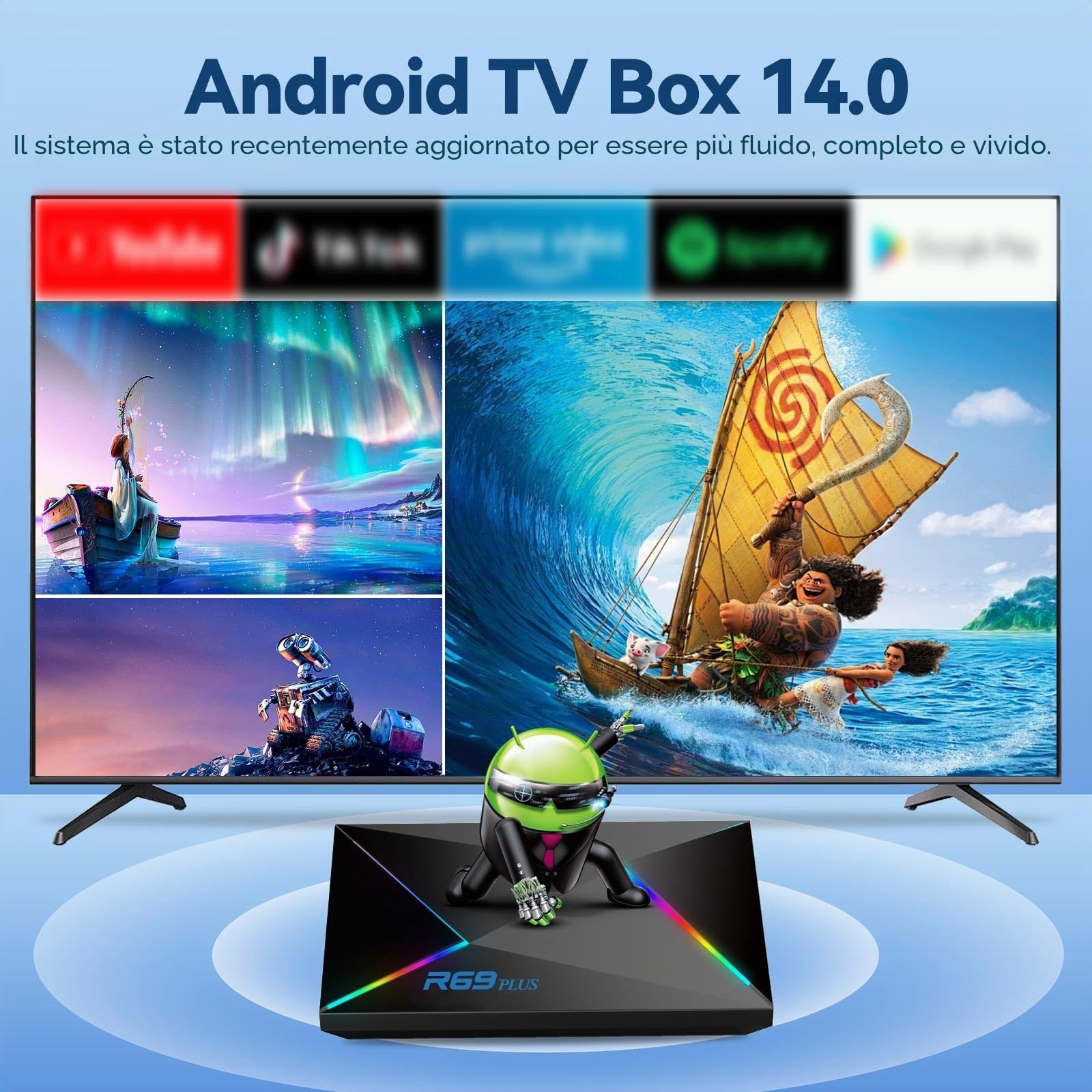 Android TV Box 2025, Android 14.0 TV Box 2GB RAM 16GB ROM 1000M Ethernet WIFI6 Android Box 4K 6K 8K HDR10 R69 Plus H728 Octa-core 3D Smart TV Box Supporto 2.4G 5.8G Dual WiFi BT5.0 USB 3.0