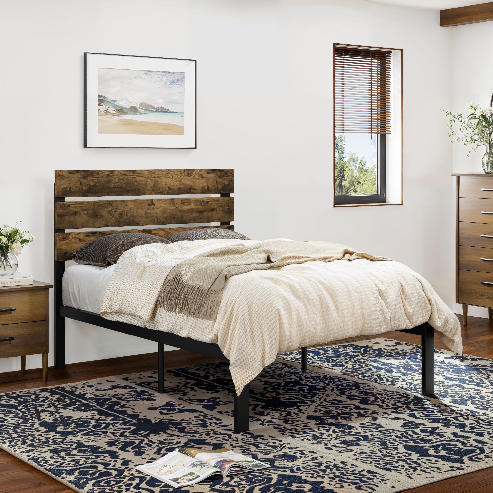 SHA CERLIN Twin Size Bed Frame with Rustic Wooden Headboard,3 Boards Design, Heavy Duty Metal Slats Support Platform, No Box Spring Needed, Dark Brown