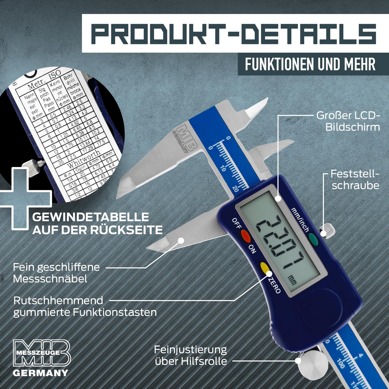 MIB Calibro a corsoio digitale con rotella DIN 862 200 mm | Strumento per misurazioni precise | Calibro a corsoio digitale in acciaio inossidabile | Calibro a corsoio digitale con ampio display LCD |