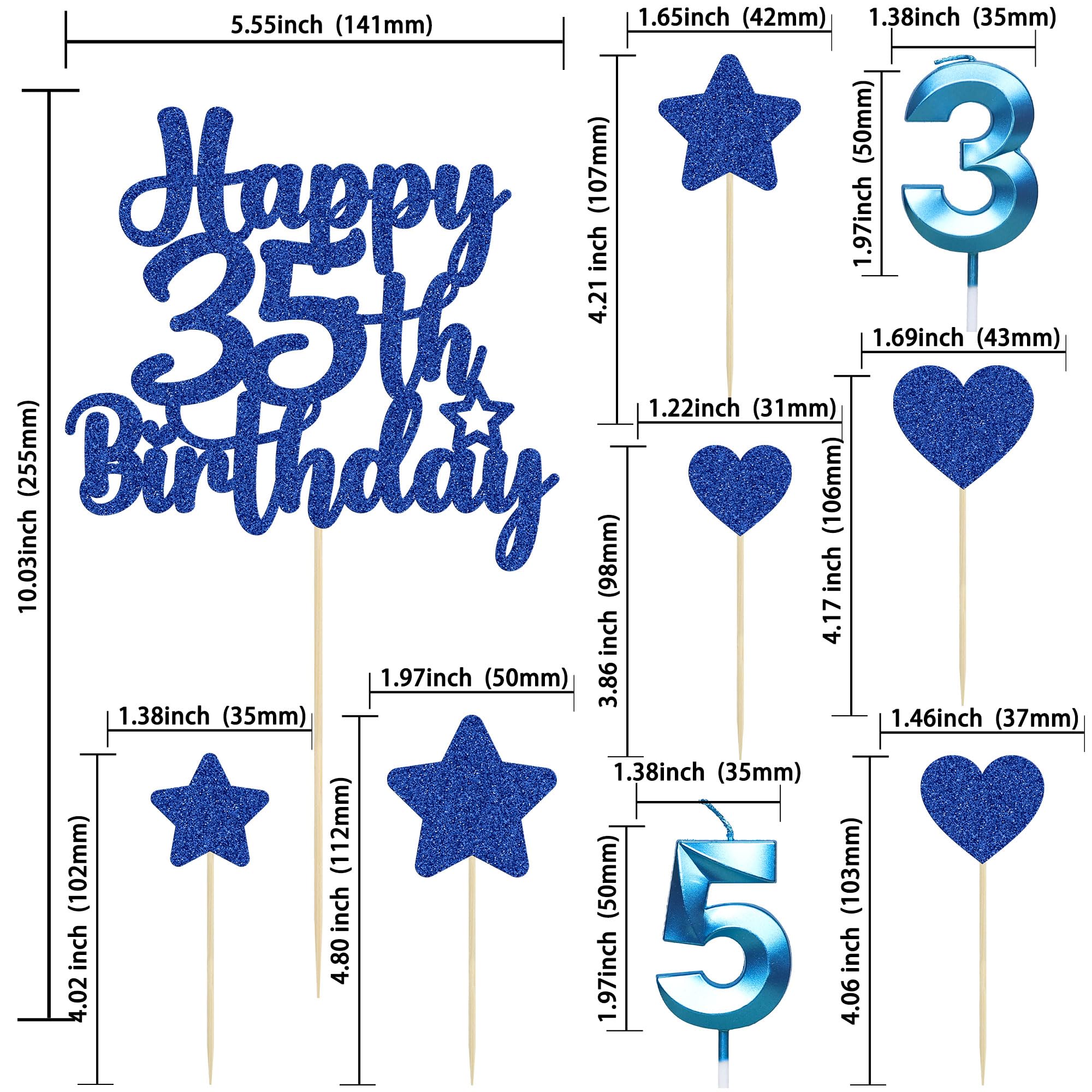 Gyufise 15Pcs Happy 35th Birthday Cake Topper Set with Heart Star Glitter Cheers to 35 Years Cake Picks Number 35 Candles Cake Decorations for Happy 35th Birthday Anniversary Party Supplies Blue - Image 2