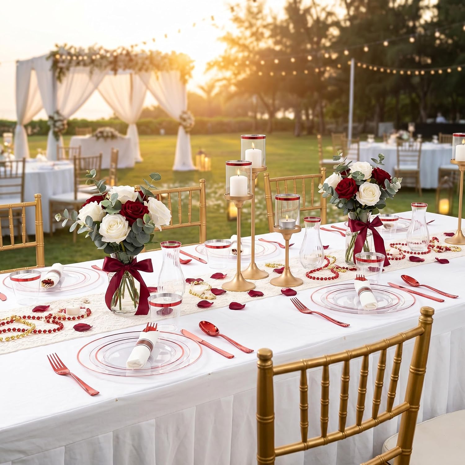 I00000 350 Pcs Red Plastic Dinnerware Set for 50 Guests,Clear Red Plates Set Include: 100 Plates, 50 Cups, 50 Per Rolled Napkins with Cutlery for Wedding & Party