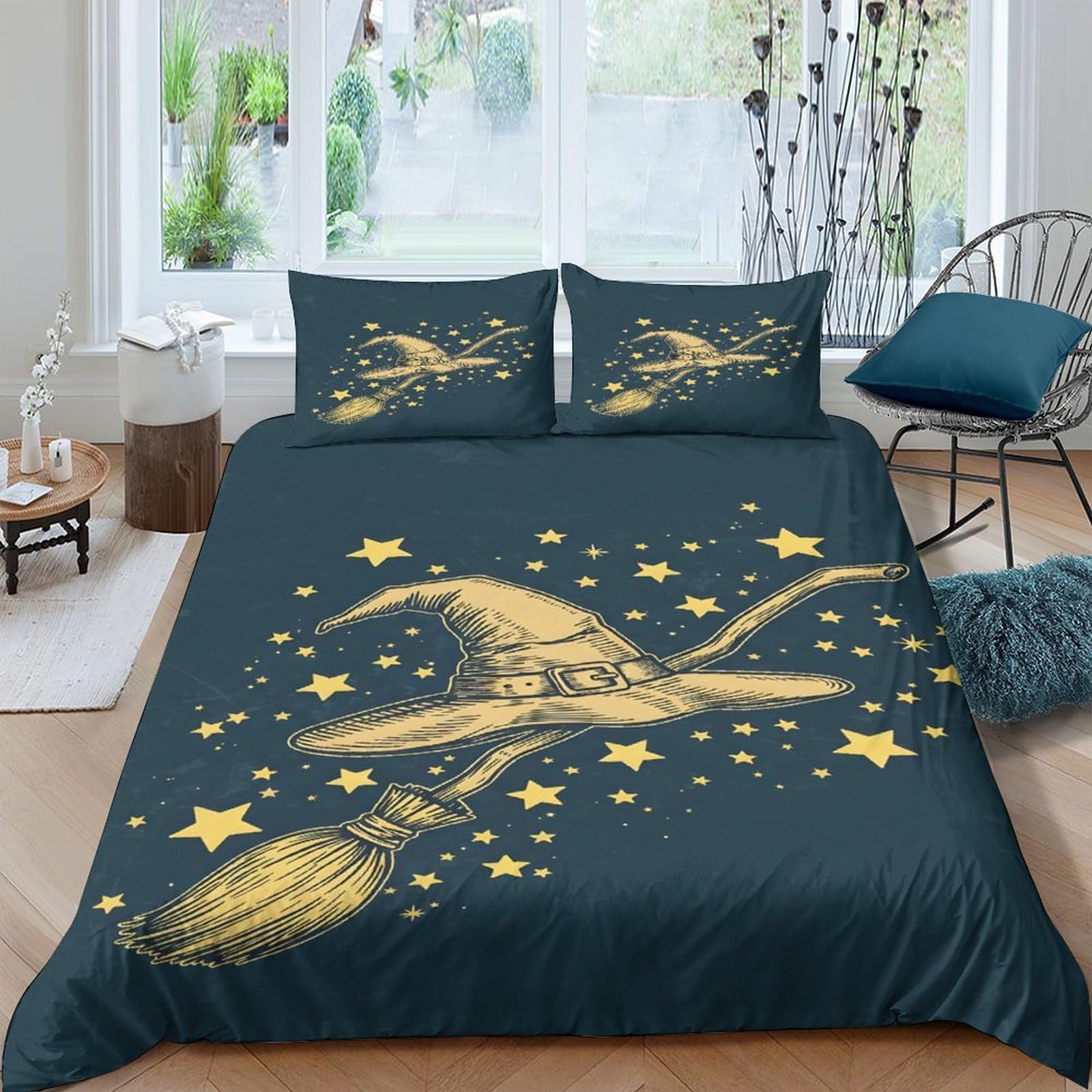 Ctjqhvkz Style-10 3D Printed Magic Hat Fitted Sheet Microfiber Soft Yellow Star Witch Broom Mattress Cover For Bedroom Guest Room Decor Single（135X200cm）