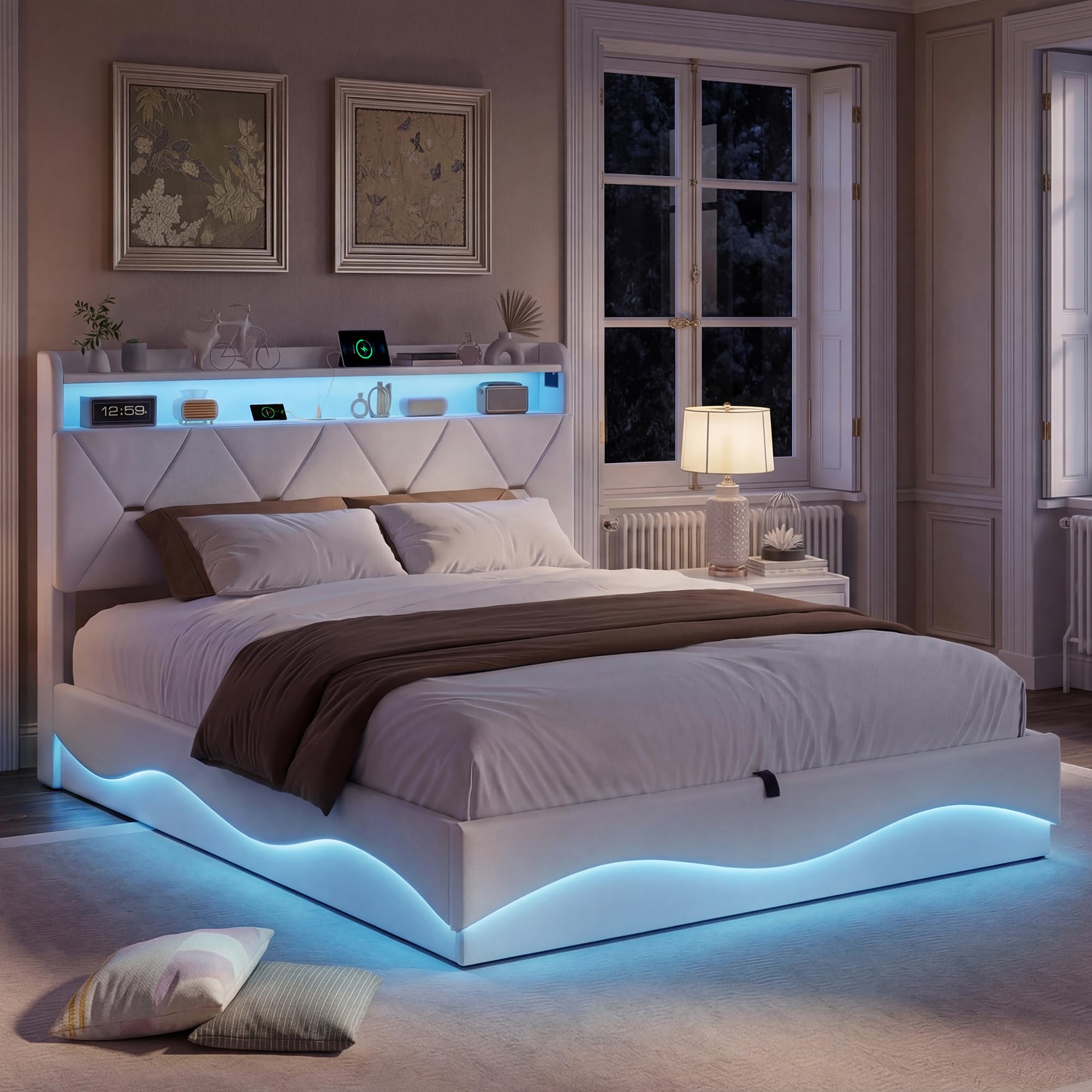 Cama con Caja Fuerte 160 x 200 cm con LED y puertos USB, camas dobles tapizadas con almacenamiento hidráulico, cabecero con estantes abiertos, camas para adultos y jóvenes, sin colchón (beige