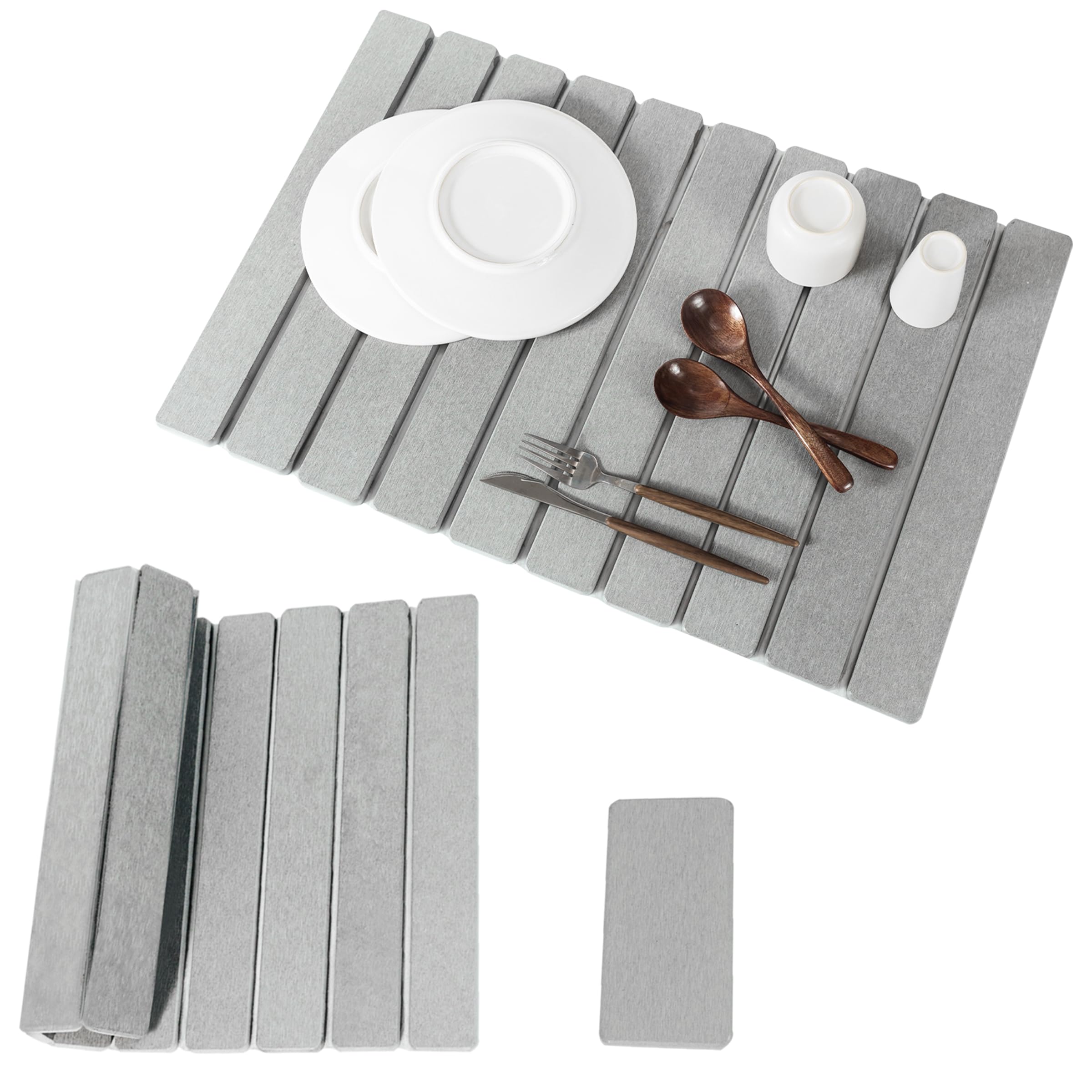 Stone Dish Drying Mat for Kitchen Counter, Quick-Dry Diatomaceous Earth Water Absorbent Pad & Countertop Drainer, Home Essentials for Bath and Pets - Light Grey, 24x16’’ & 8x4’’