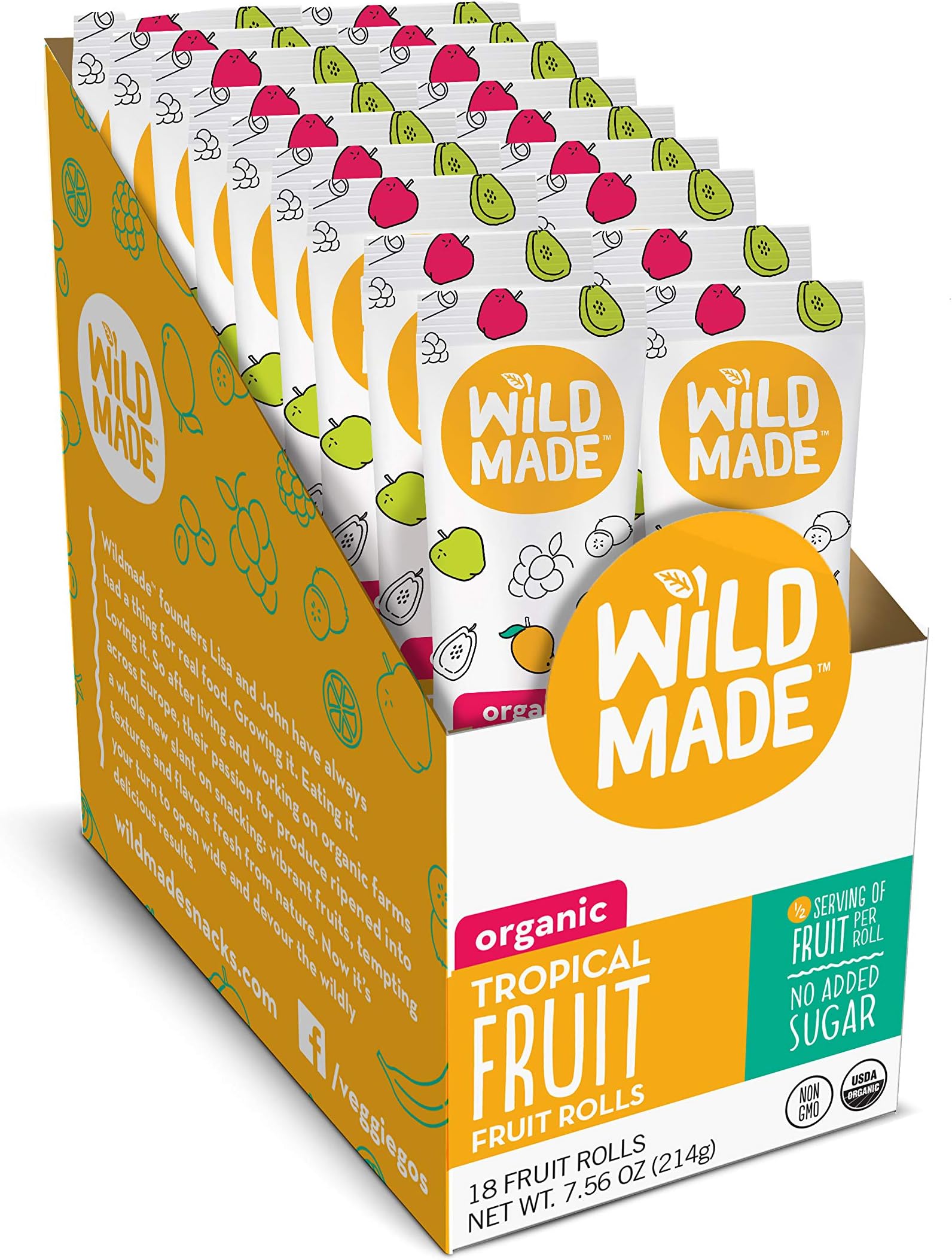 Wildmade Fruit Rolls (Tropical Fruit) Organic Fruit Snacks with No Added Sugar for Kids and Adults - Gluten-Free, Non-GMO, Vegan - 18 Pack