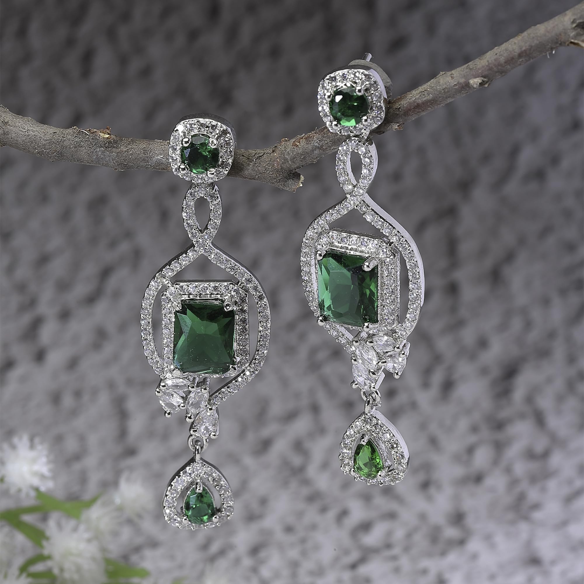 Rhodium-Plated Diamond Drop Earrings For Women