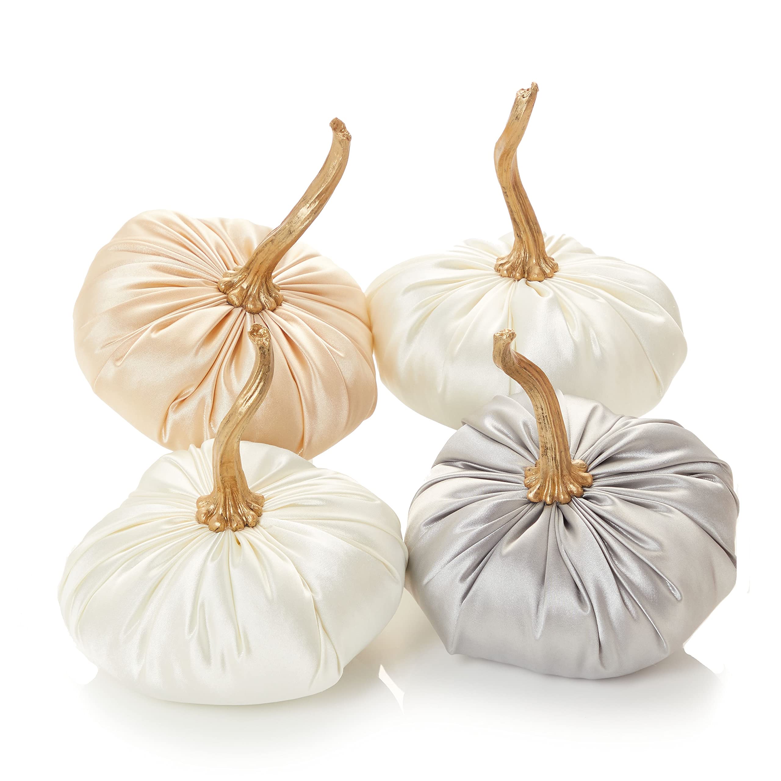 Set of 4 Handmade Small Satin Pumpkins with Gold Stems, Winter Decor, Wedding Centerpiece, Pumpkin Decorations (2 Pearl, Silver, Champagne)