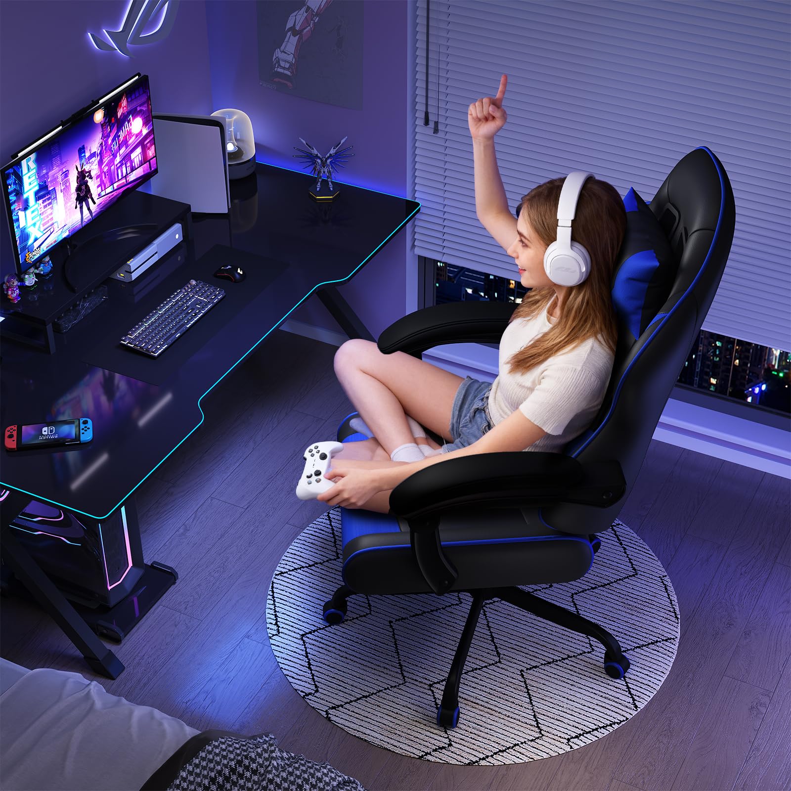 JUMMICO Chaise Gaming avec Massage Lombaire, Chaise Bureau Ergonomique avec Dossier Inclinable, Fauteuil Gaming avec Assise Douce et Résistante, Idéale pour Jeux et Boulot, Bleu