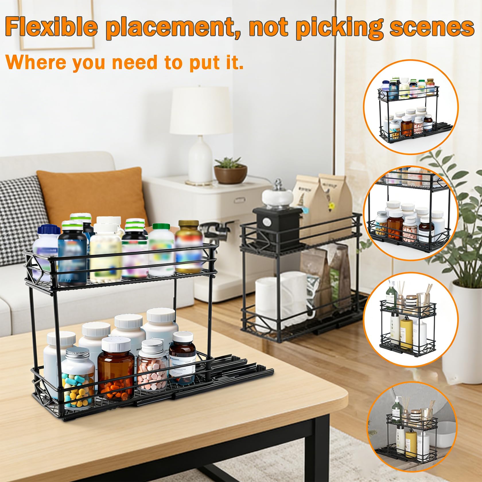 Étagère à 2 niveaux pour bouteilles de médicaments, organiseur de bouteilles de pilules, étagère de rangement en métal avec tiroir, étagère coulissante peu encombrante pour médicaments