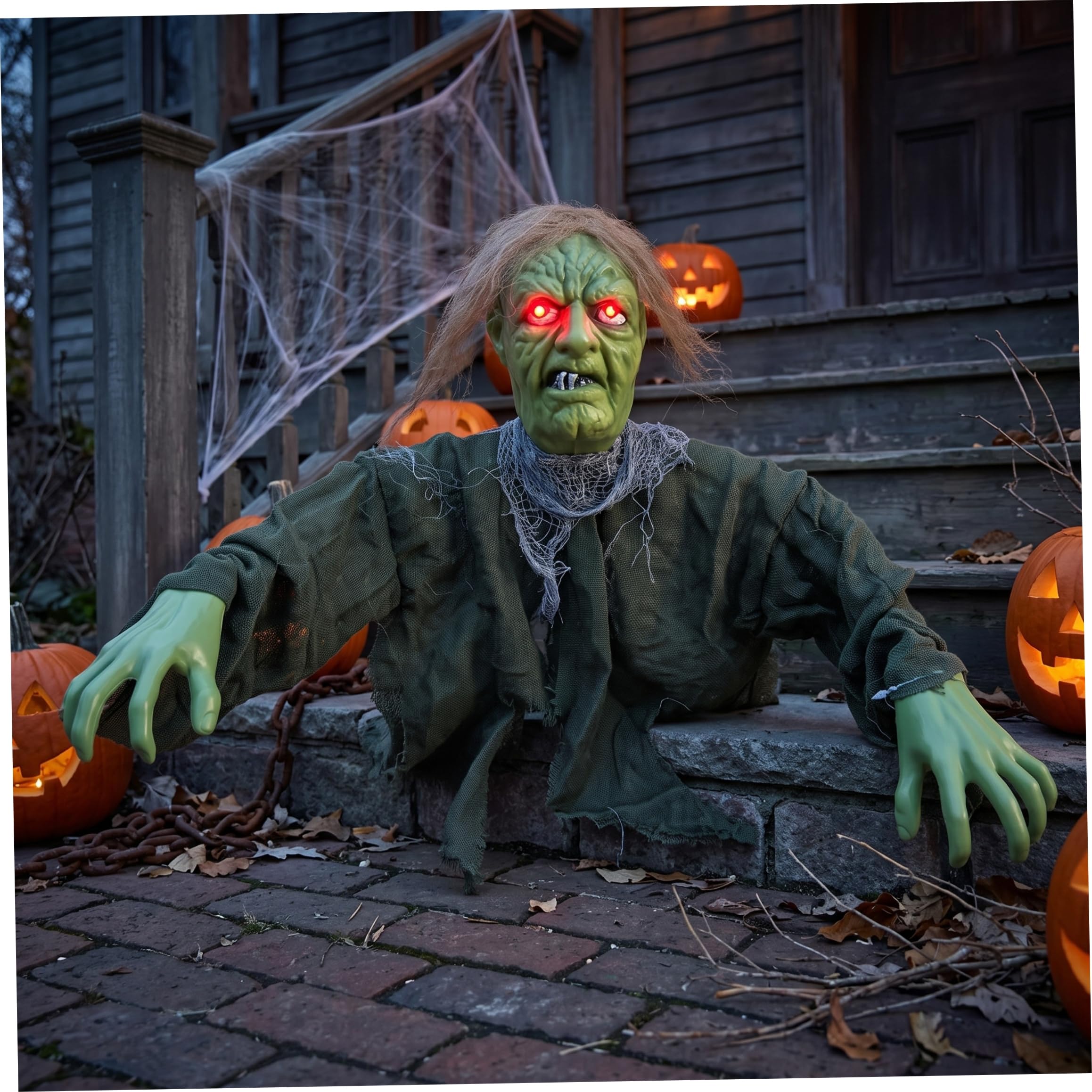 Comebachome Halloween Animatronic Zombie with Ground Stake - Animatronic Halloween Props Decoration with Glowing Red Eyes For Yard Haunted House, Olive Green, Summer Use