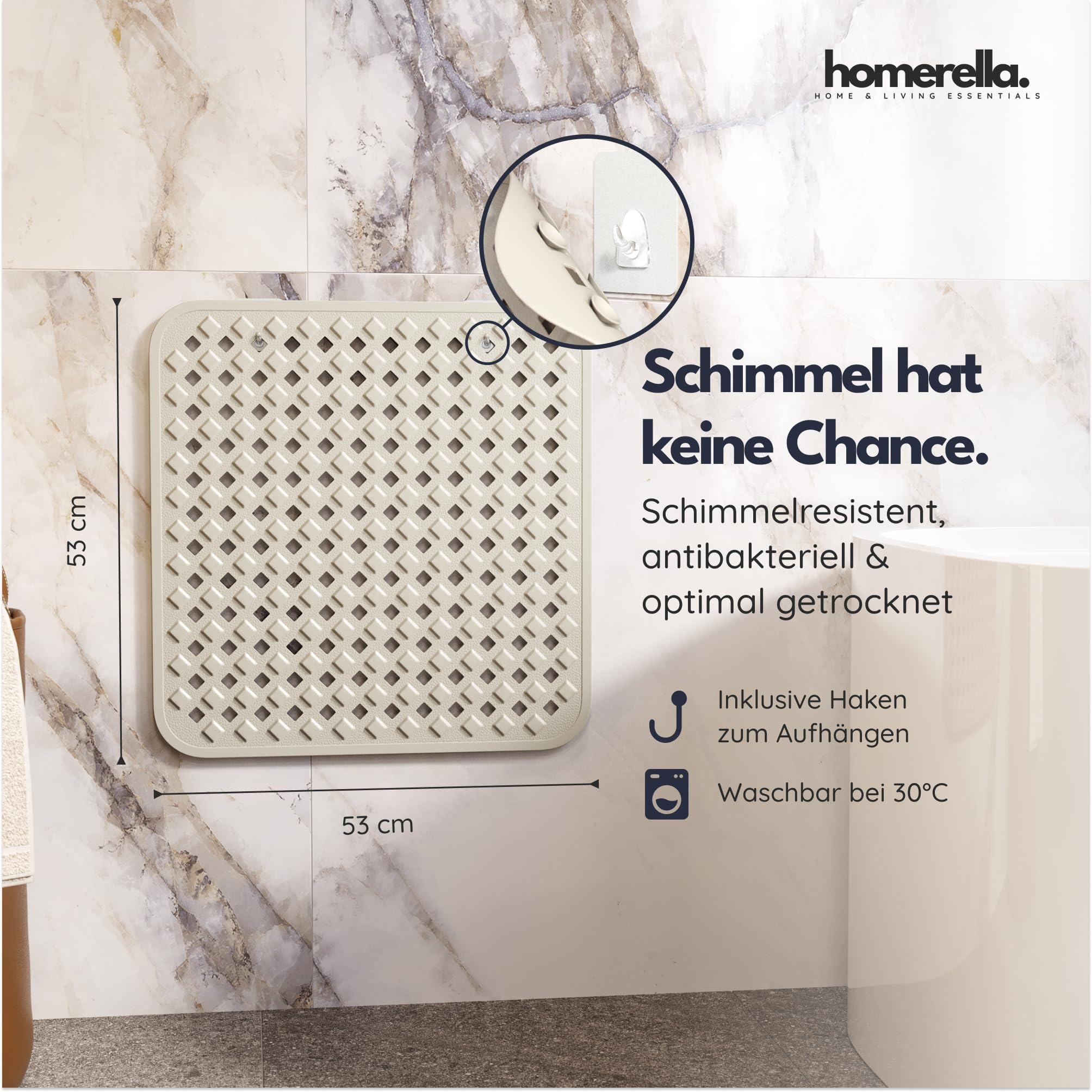 homerella® Shower Mat Non Slip Anti Mould 53 x 53 cm, INCL. Hooks for Drying Bath Mat Non Slip Anti Mould - Image 3