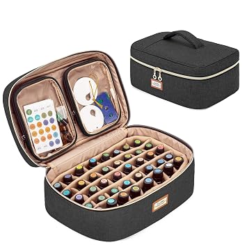 CURMIO Essential Oil Case with 2 Pouches for 40 Bottles 5ml-30ml, Black | 2 Detachable Visible Pouches, Top Handle, Home Use and Travel, Adjustable Bottle Dividers, Empty Bag