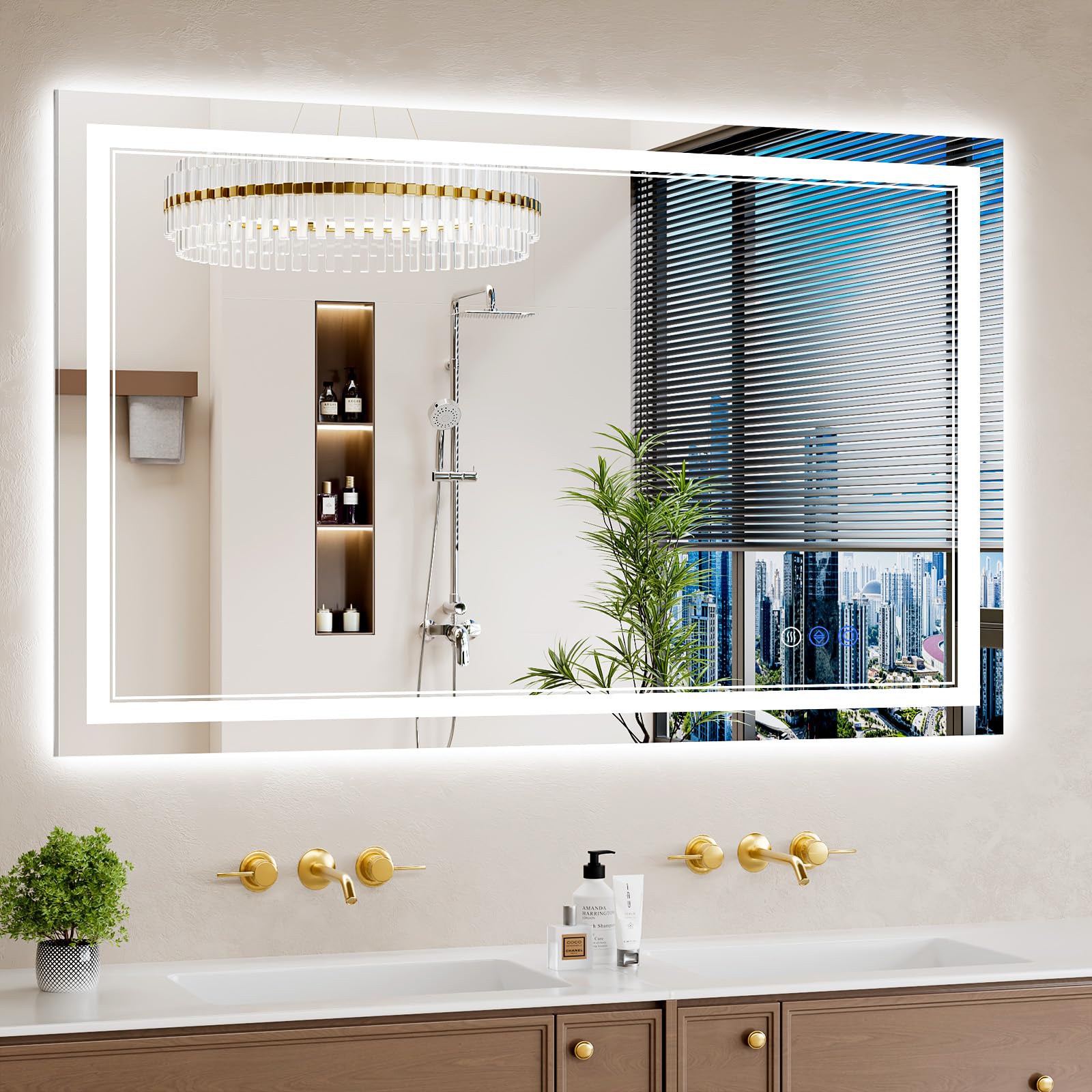 30"x48" led bathroom mirror with lights, anti-fog, backlit + front lit, dimmable, led vanity mirror for wall, lighted bathroom mirror, 3 colors, shatter-proof tempered glass