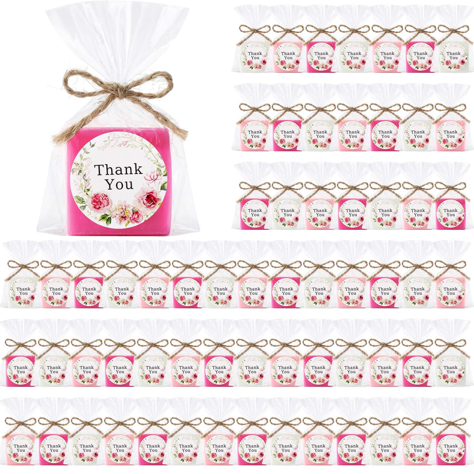 Leelosp Juego de 60 mini jabones cuadrados para invitados, baby shower, fiestas, pequeñas barras perfumadas, jabones de manos blancos con tarjetas de agradecimiento para bodas, despedidas de soltera