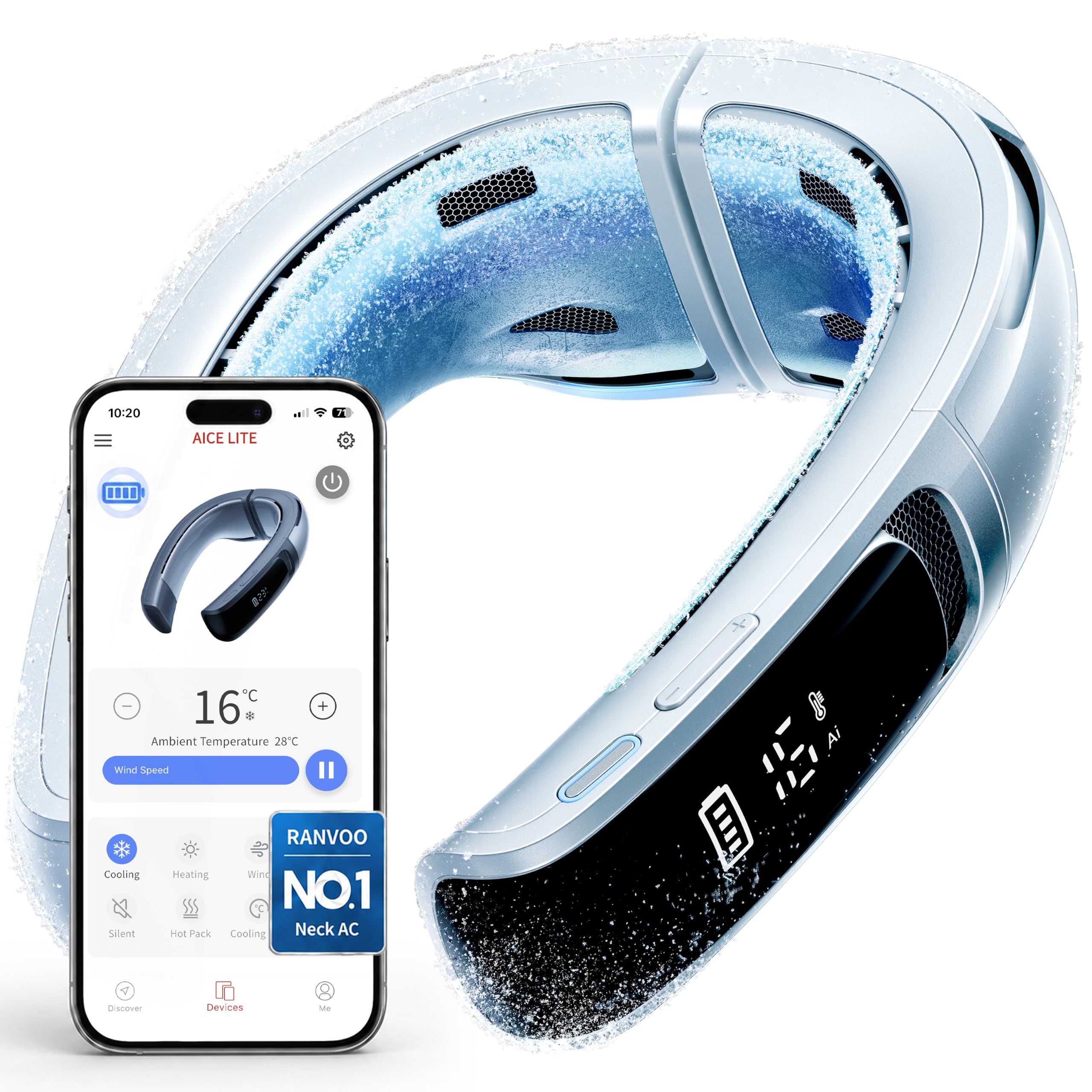 RANVOO AICE LITE MAX 2026 AI Neck Air Conditioner, Fast Real Cooling, Rechargeable Neck Fan 6000mAh, 720° Airflow, Summer Gift for Mom, Arctic White