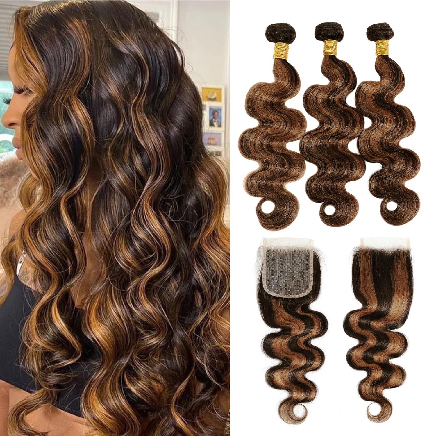 Brown Highlight 3 Bundles with 4x4 Closure Human Hair Body Wave HD Lace 22 24 26+20 In, Fb30 Soft and Glossy 12A Balayage #1b/30 Black and Brown Bundles and Closure Free Part 100% Remy Hair
