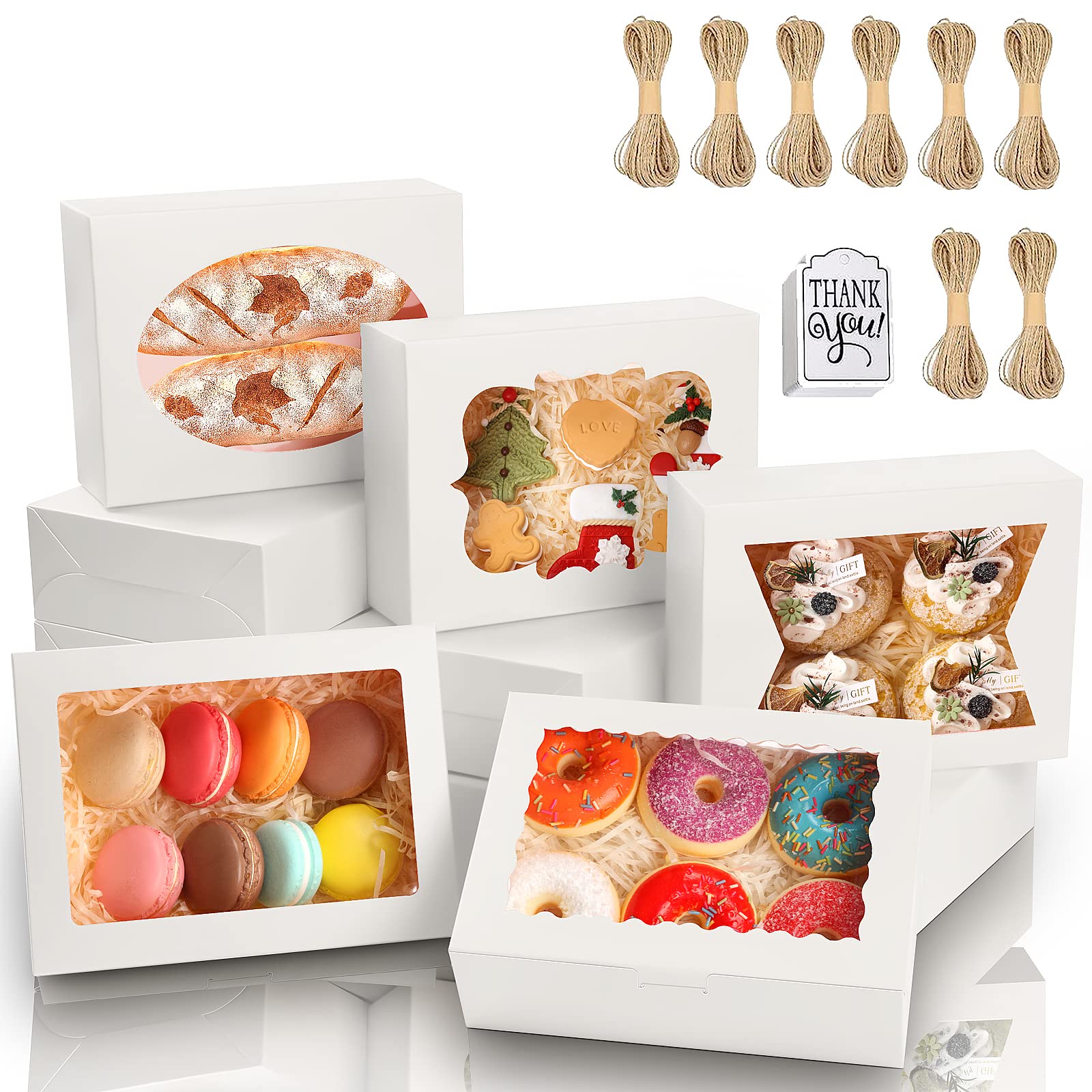KPOSIYA 65 cajas de galletas de 8 x 6 x 2.5 pulgadas con ventana, cajas de panadería blancas para regalo, golosinas, postres, cupcakes, chocolate, fresas, donas, magdalenas (5 ventanas de estilo)