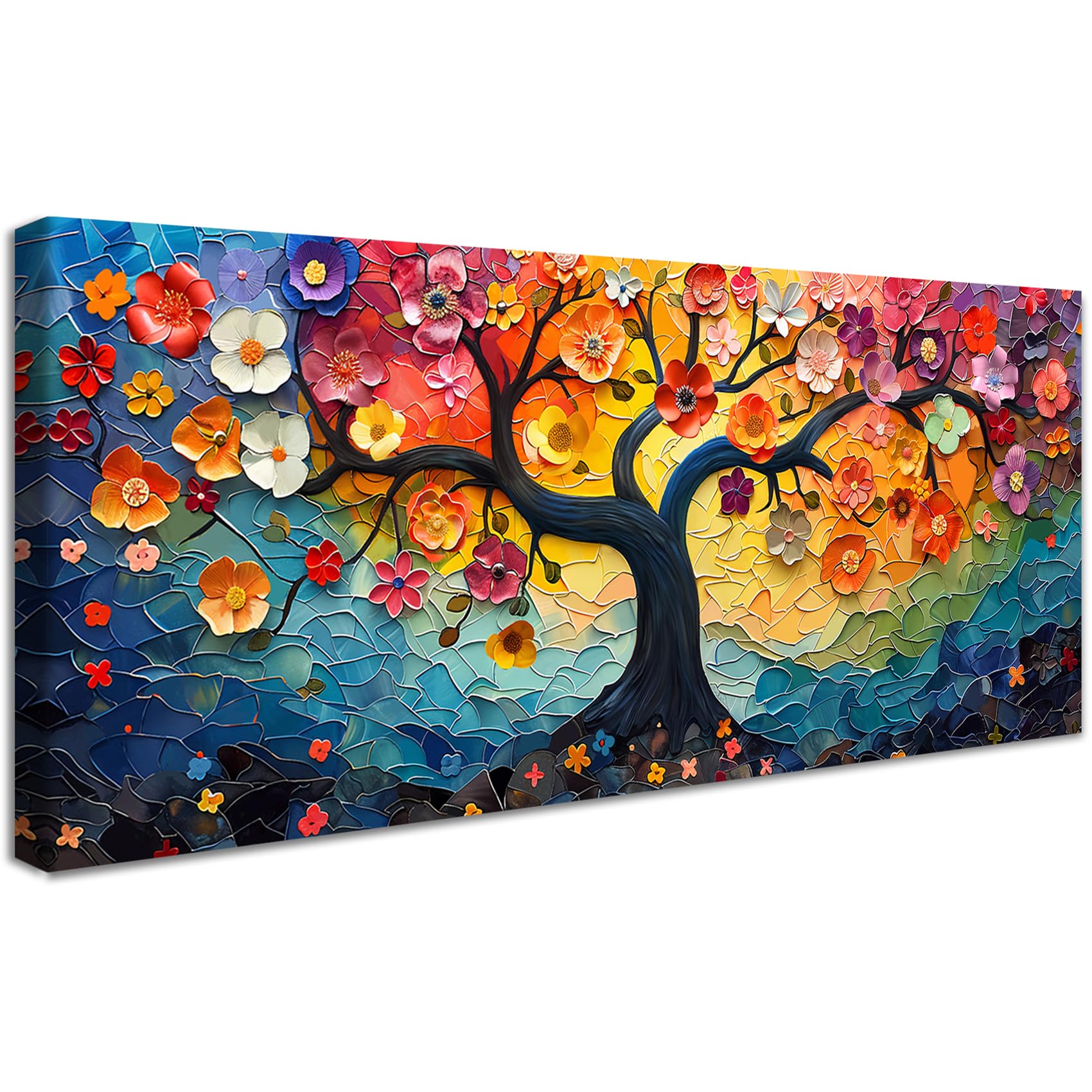 Albero della vita colorato hippie Stampa su tela con cornice Albero di fiori astratto Pittura Quadri su tela Quadri Moderni Poster da parete Stampe da Parete soggiorno Camera da letto 50x120cm