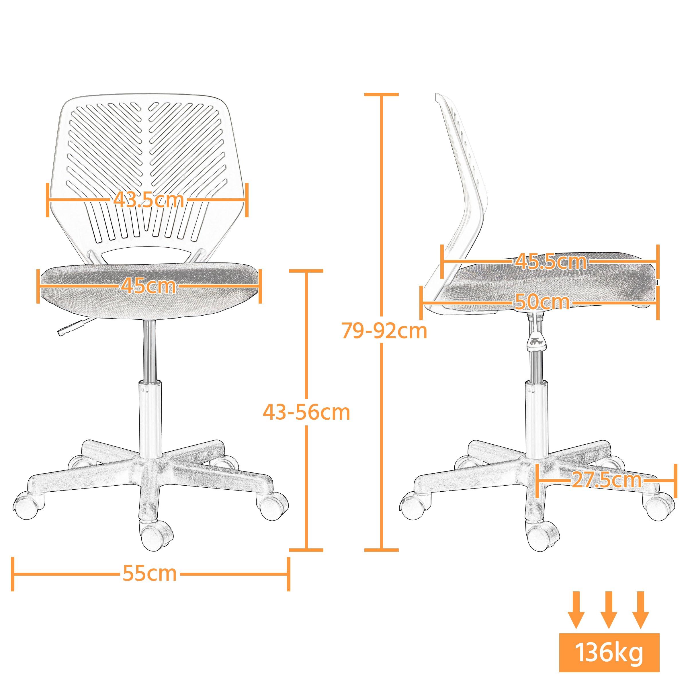 Sedia Ufficio Scrivania Girevole Regolabile, Sedia da ufficio Ergonomica Senza Braccioli a Rotelle in Rete Traspirante Portata 136 kg Nera
