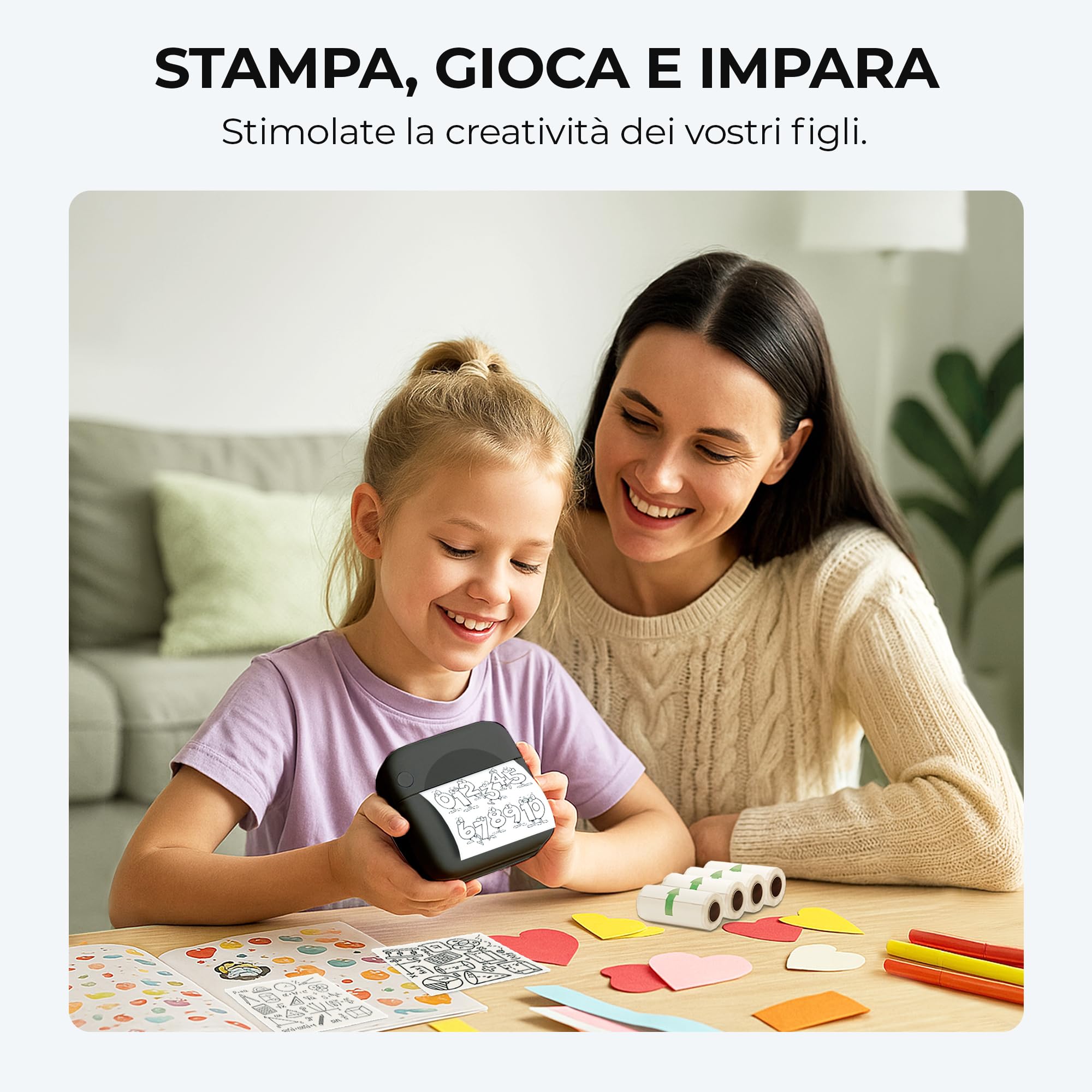 AgoDeo Mini stampante per smartphone – Mini Printer – Include 1 custodia rigida + 13 rotoli (adesivi, normali e colori) + 5 penne – stampante adesiva per studio, note, immagini, foto, diari (Nero)