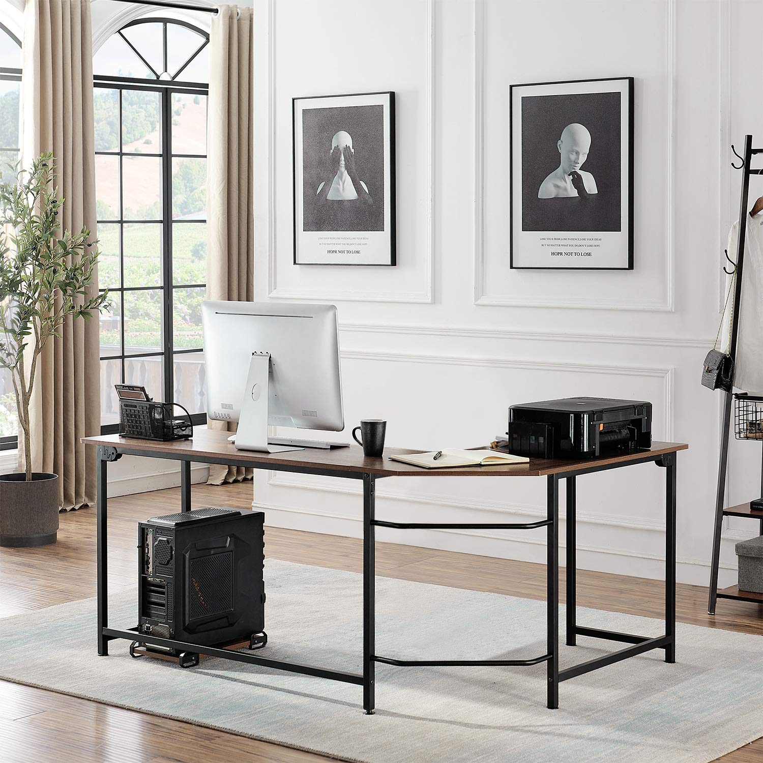 VECELO Modern Large Corner Computer Desks L-Shaped with CPU Stand/PC Laptop Study Writing Table Workstation for Home Office Wood & Metal, 66.3X18.9 inch, Walnut