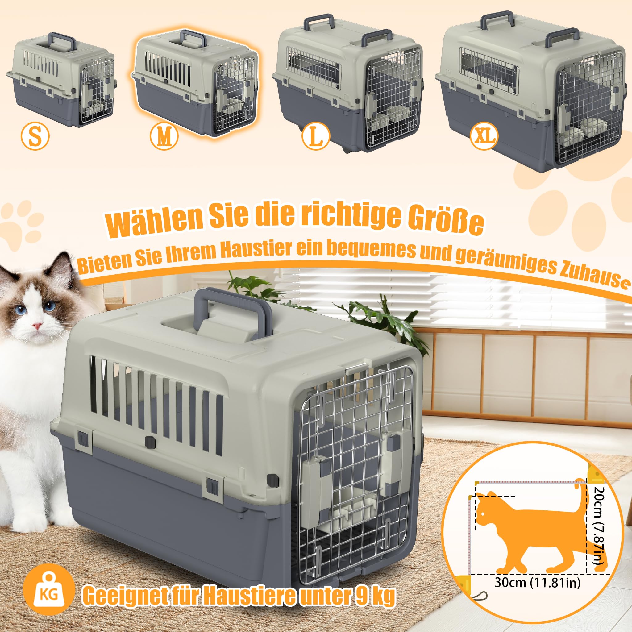 XMTECH Hundetransportbox Transportbox Flugzeugbox für Tiere, Reisebox für Hunde, mit Sicherheitsverriegelung & Lüftungsgitter, L 60 x B 40 x H 40 cm