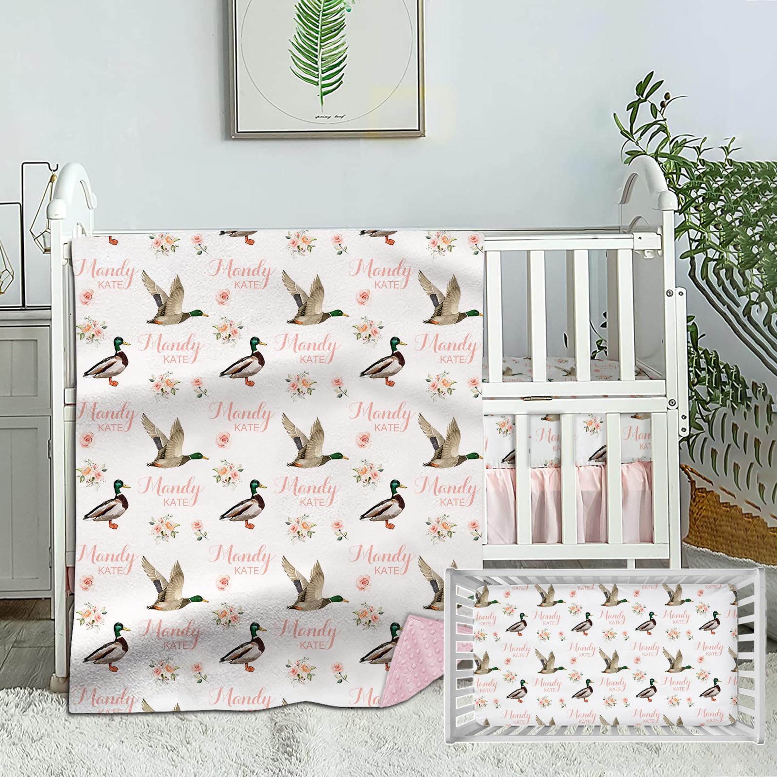 Munific Custom Crib Bedding Set for Girls, Personalized Baby Bedding Sets with Name, Floral Duck 2 Piece Bedding Set for Infant Toddler, Name Comforter Fitted Crib Sheets Set, Nursery Bedding