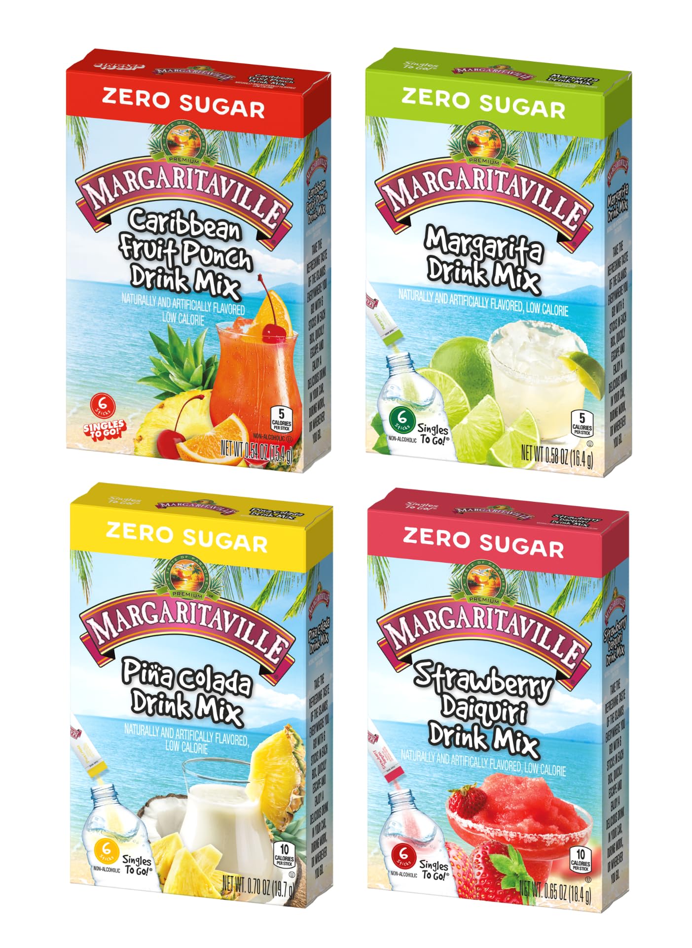 SINGLES TO GO! Margaritaville Variety One Box of Each Flavor, Pina Colada, Strawberry Daiquiri, Margarita and Caribbean Fruit Punch - Powdered Drink Mix (Pack of 4)