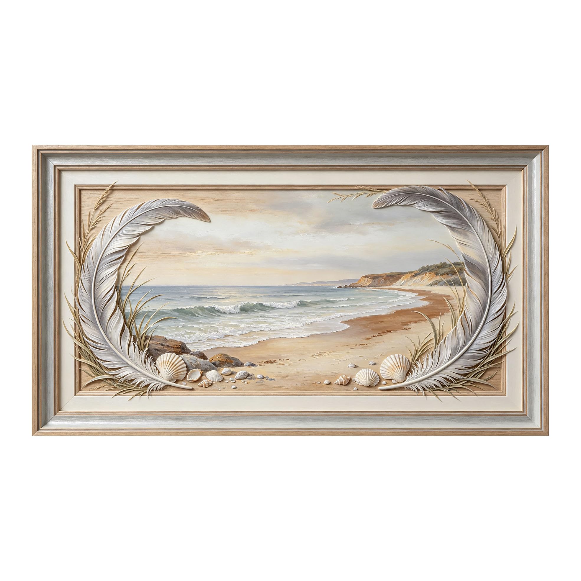 Murasolite 3D 3D Framed Wall Art 50cm×90cm Coastal Beach Seascape Oil Painting SelfAdhesive Fabric Mural Wall Decor, Peel and Stick No Damage to Wall for Bedroom Living Room