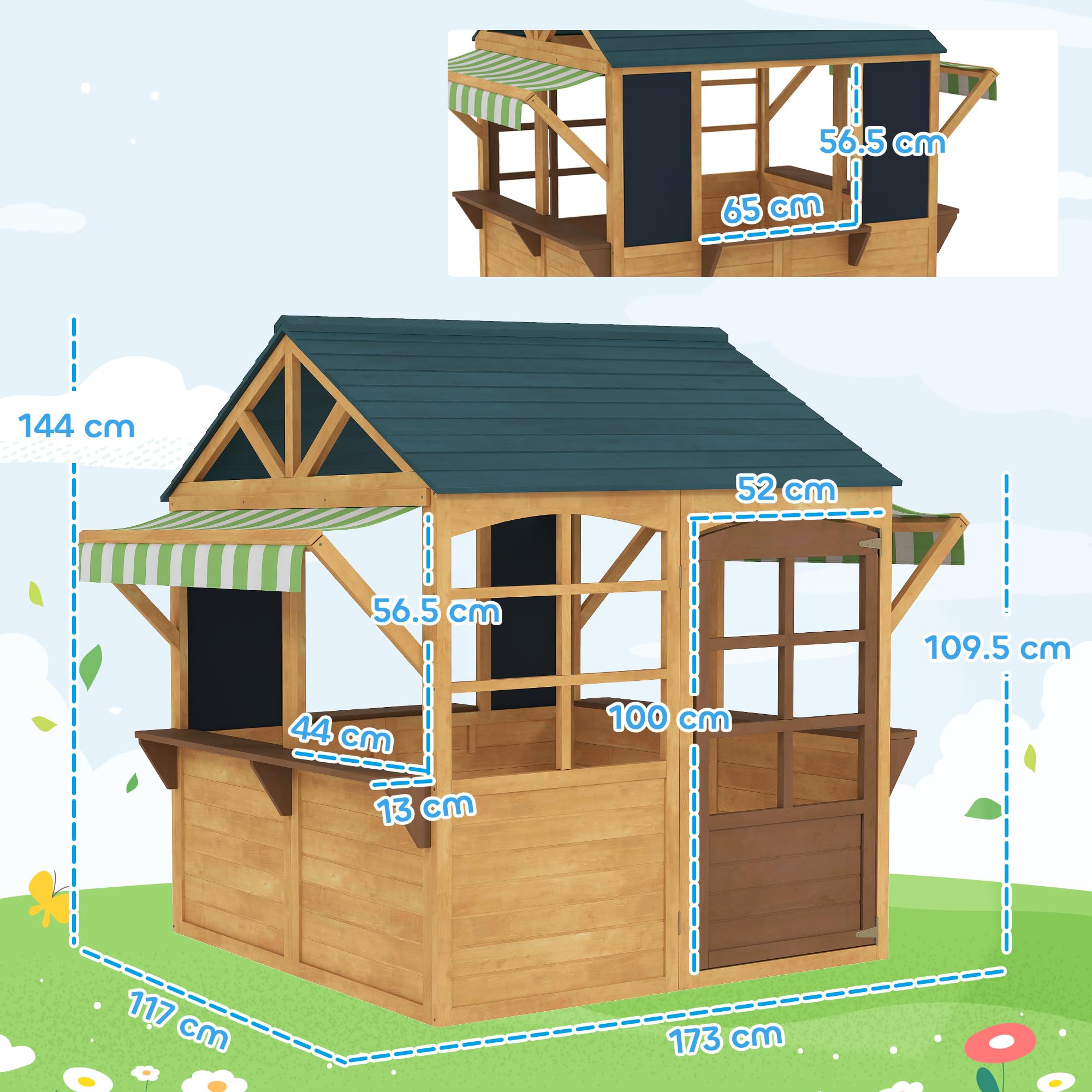 AIYAPLAY Casetta per Bambini in Legno di Abete, Casetta da Giardino Pieghevole con 5 Finestre, Tettoia, Porta e 2 Lavagne Nere, Casa da Esterno per Bimbi 3-8 Anni, 173x117x144 cm, Marrone