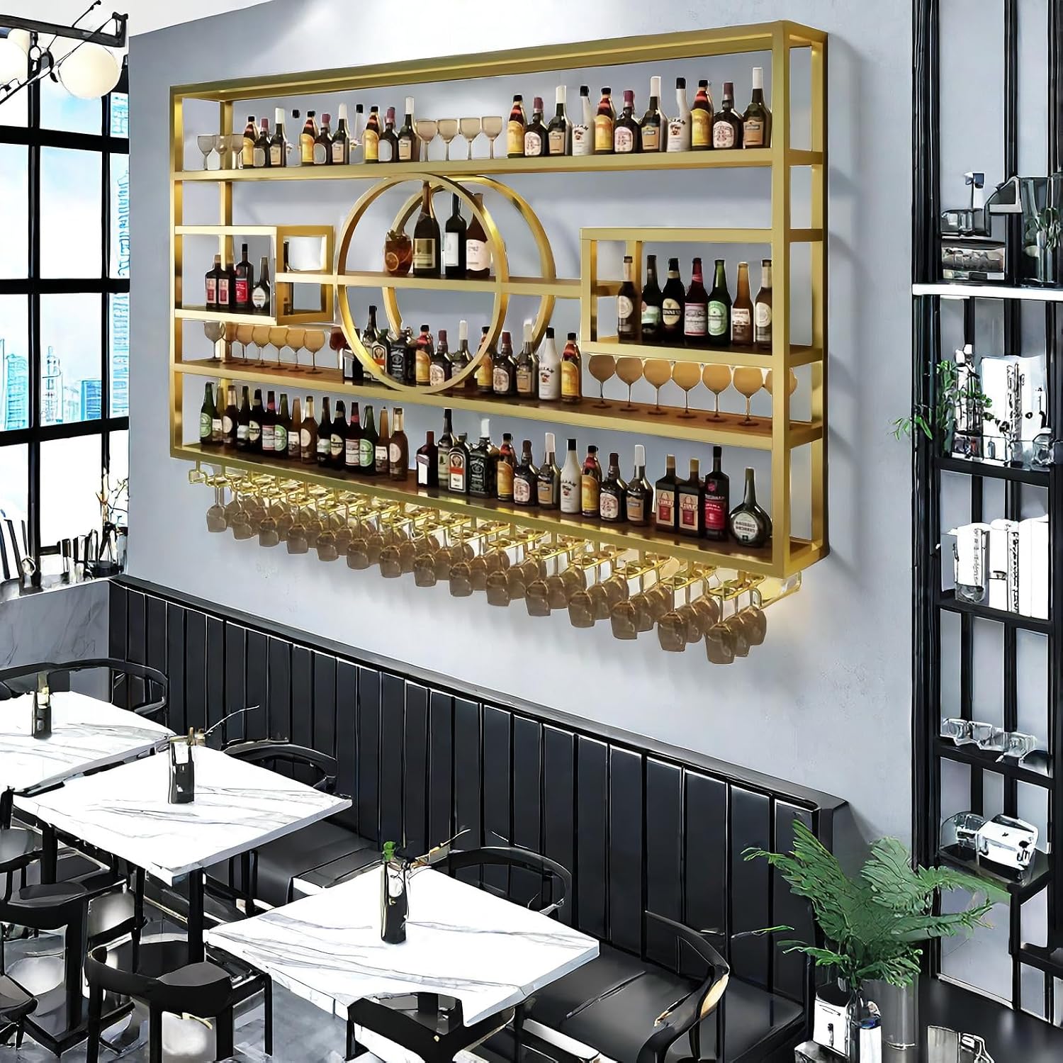 47" Metal Wine Rack Wall Mounted, Modern Wood Bar Shelves Wall Mounted with Glass Holder, Multi Functional Bar Shelves for Liquor Bottles for Home Bar & Dining Room(Gold, 51" Height)