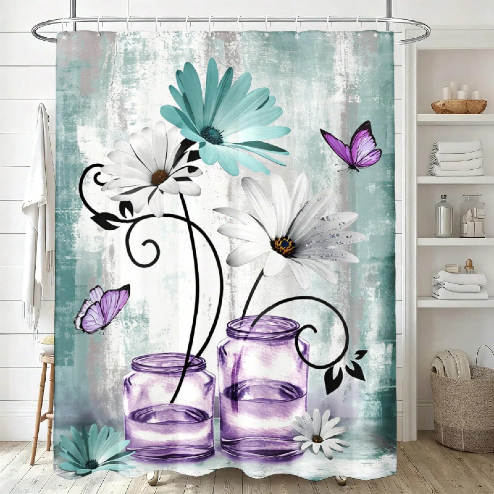 GLKSDLPO Twodimensional Flat Daisy And Floral Pattern Shower Curtain Acrylic Hanging Decoration, Suitable Bathrooms And Living Rooms(120x190cm/47x75in(WxH)