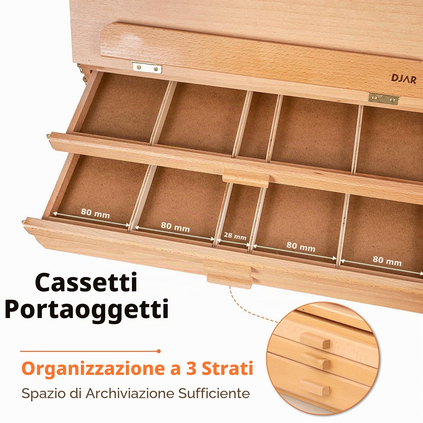 DJAR Cavalletto da tavolo per pittura con 3 cassetti portaoggetti, regolabile e portatile in legno di faggio, Sketchbox da scrivania, supporto per pittura artistica per adulti e studenti