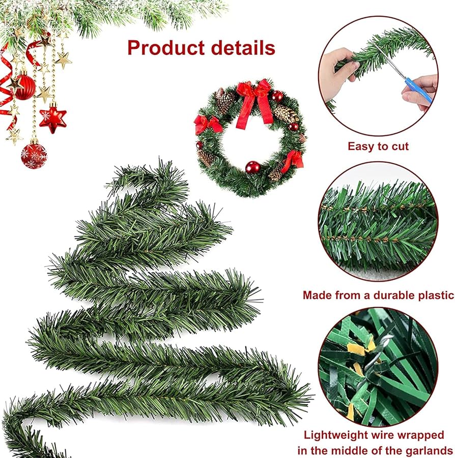 Green Christmas Garland Decorations, Xmas Tinsel Garland Artificial Greenery Decorations For Outdoor And Indoor - 33ft/10m