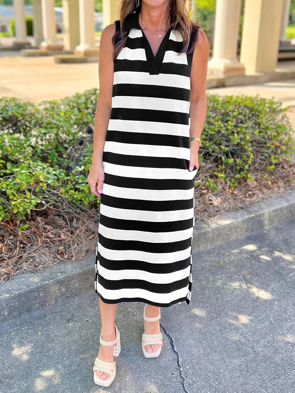 Women's Striped Summer Dress Casual Lapel Collared V Neck Sleeveless Side Slit Midi Dresses Loose Fit with Pockets - Image 5